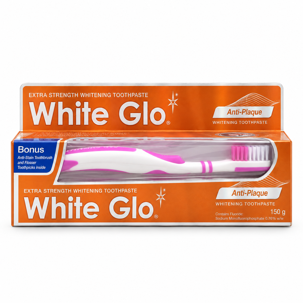 White Glo Extra Strength Anti-Plaque Whitening Toothpaste 100 ml with Toothbrush  - وايت جلو معجون أسنان للتبييض بقوة إضافية ومقاومة البلاك ١٠٠ مل مع فرشاة أسنان