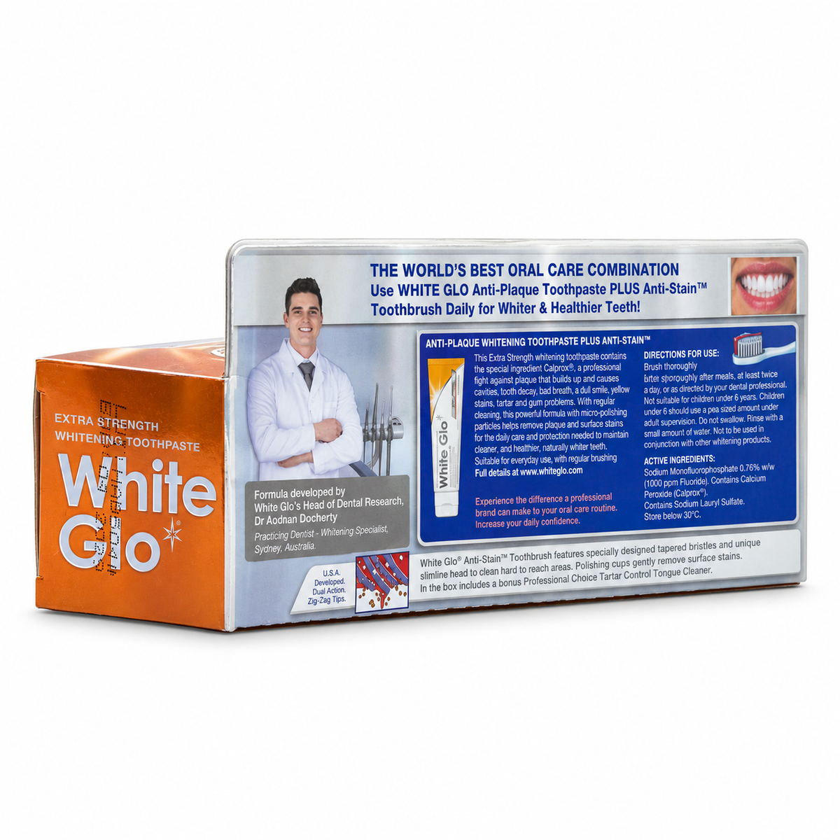 White Glo Extra Strength Anti-Plaque Whitening Toothpaste 100 ml with Toothbrush  - وايت جلو معجون أسنان للتبييض بقوة إضافية ومقاومة البلاك ١٠٠ مل مع فرشاة أسنان