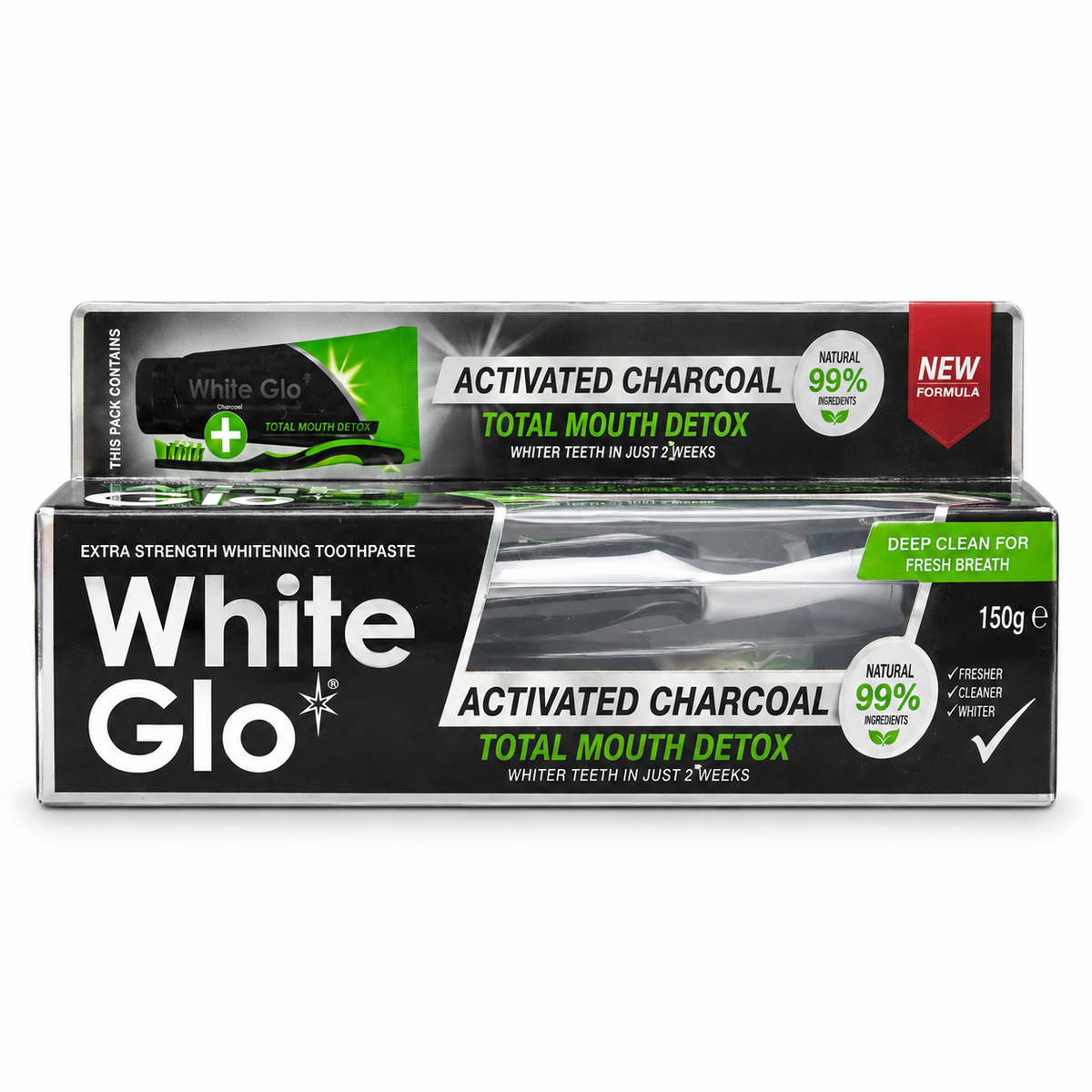 White Glo Extra Strength Activated Charcoal Total Mouth Detox Toothpaste 100 ml with Pro-Soft Toothbrush- وايت جلو معجون أسنان للتبييض بالفحم النشط توتال ماوث ديتوكس ١٠٠ مل مع فرشاة برو سوفت