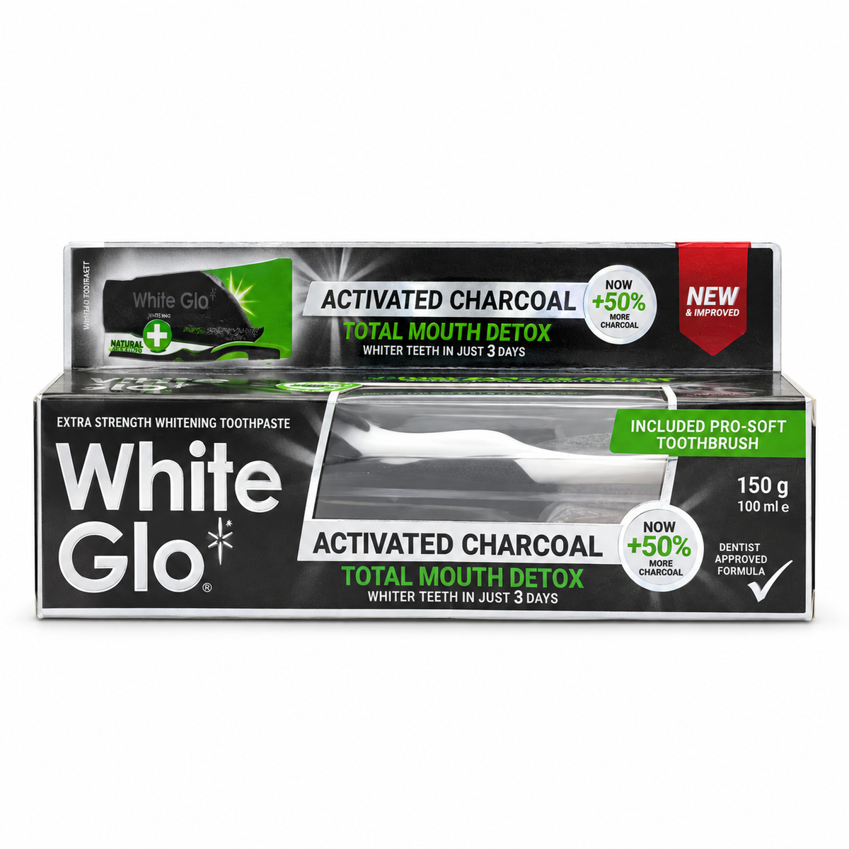White Glo Extra Strength Activated Charcoal Total Mouth Detox Toothpaste 100 ml with Pro-Soft Toothbrush- وايت جلو معجون أسنان للتبييض بالفحم النشط توتال ماوث ديتوكس ١٠٠ مل مع فرشاة برو سوفت