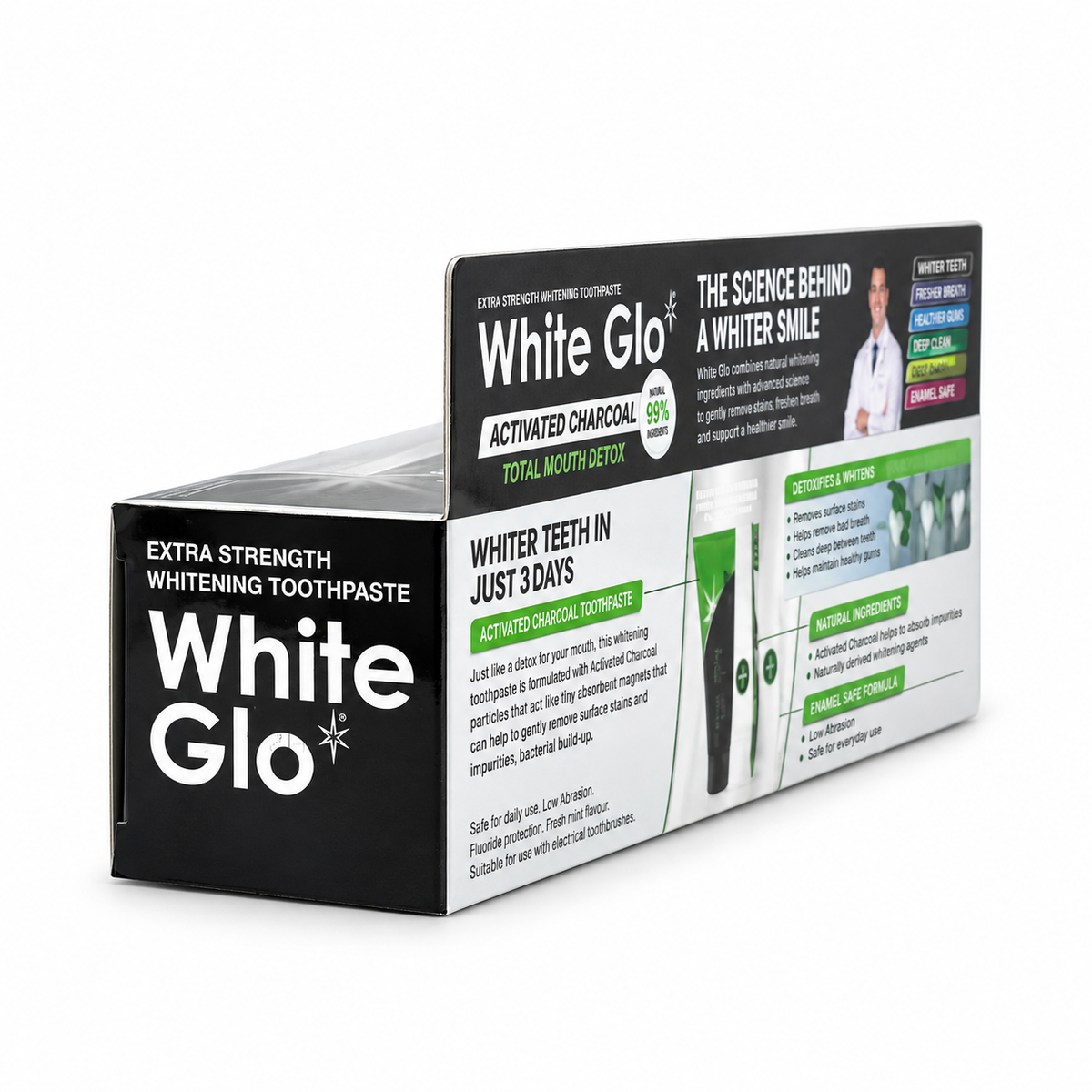 White Glo Extra Strength Activated Charcoal Total Mouth Detox Toothpaste 100 ml with Pro-Soft Toothbrush- وايت جلو معجون أسنان للتبييض بالفحم النشط توتال ماوث ديتوكس ١٠٠ مل مع فرشاة برو سوفت