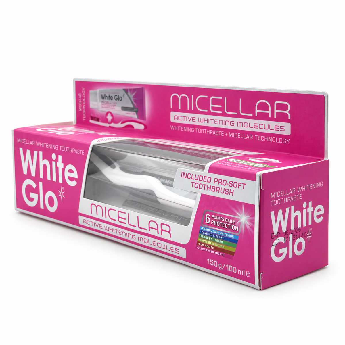 White Glo Micellar Whitening Toothpaste 100 ml with Pro-Soft Toothbrush- وايت جلو ميسيلار معجون أسنان للتبييض ١٠٠ مل مع فرشاة برو سوفت
