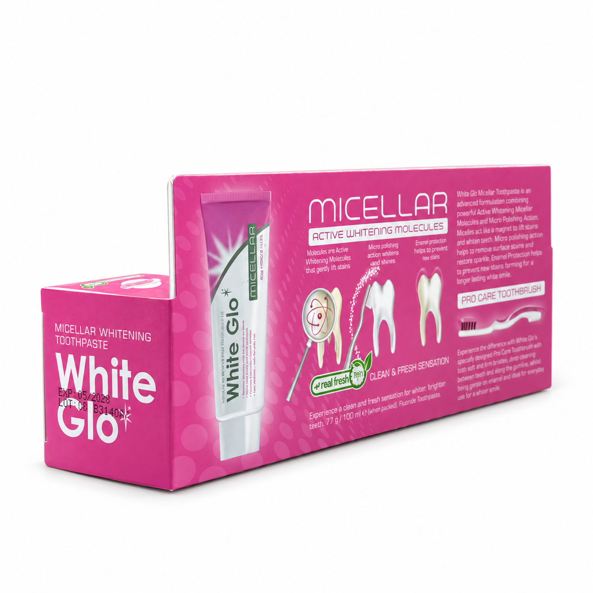 White Glo Micellar Whitening Toothpaste 100 ml with Pro-Soft Toothbrush- وايت جلو ميسيلار معجون أسنان للتبييض ١٠٠ مل مع فرشاة برو سوفت
