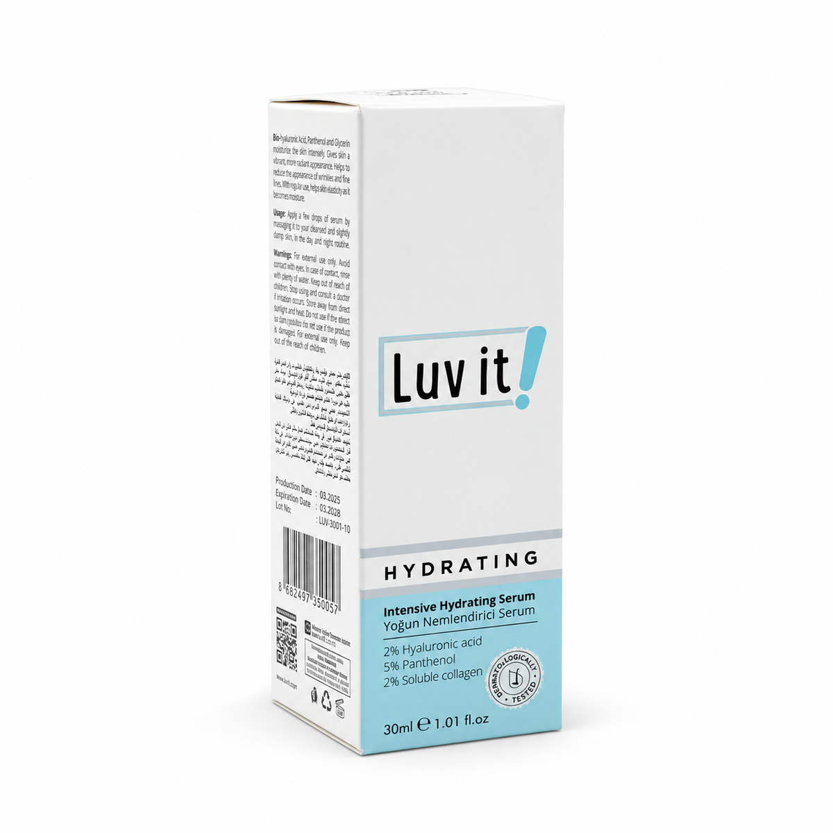 Luv it Intensive Hydrating Serum 2% Hyaluronic Acid 5% Panthenol 2% Soluble Collagen 30 ml - لاف إت سيروم الترطيب المكثف بحمض الهيالورونيك ٢٪ والبانثينول ٥٪ والكولاجين القابل للذوبان ٢٪ ٣٠ مل