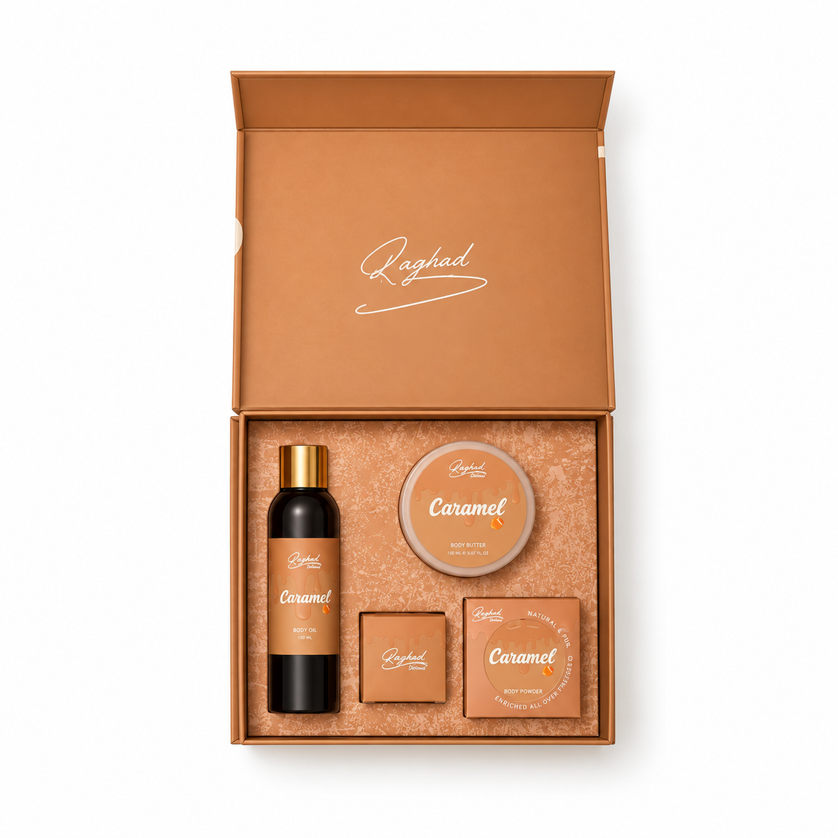 Caramel Package Lip Butter 10 g + Body Powder 25 g + Body Oil 150 g + Body Butter 100 g - مجموعة الكراميل زبدة شفاه ١٠ غرامات وبودرة جسم ٢٥ غرامًا وزيت جسم ١٥٠ غرامًا وزبدة جسم ١٠٠ غرام