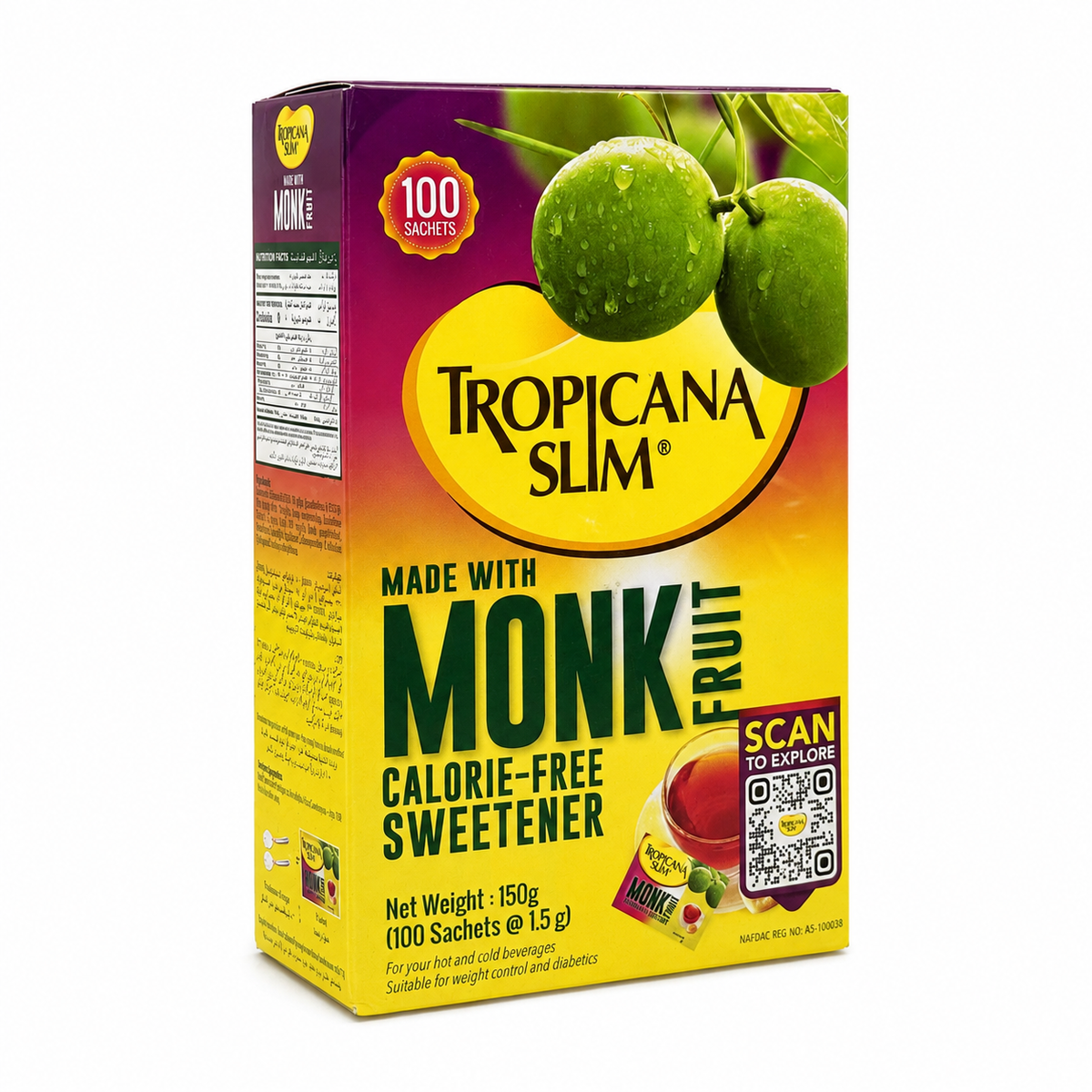 Tropicana Slim Monk Fruit Sweetener with Chromium 100 Sachets- مُحلّي تروبيكانا سليم بفاكهة المونك والكروميوم ١٠٠ كيس