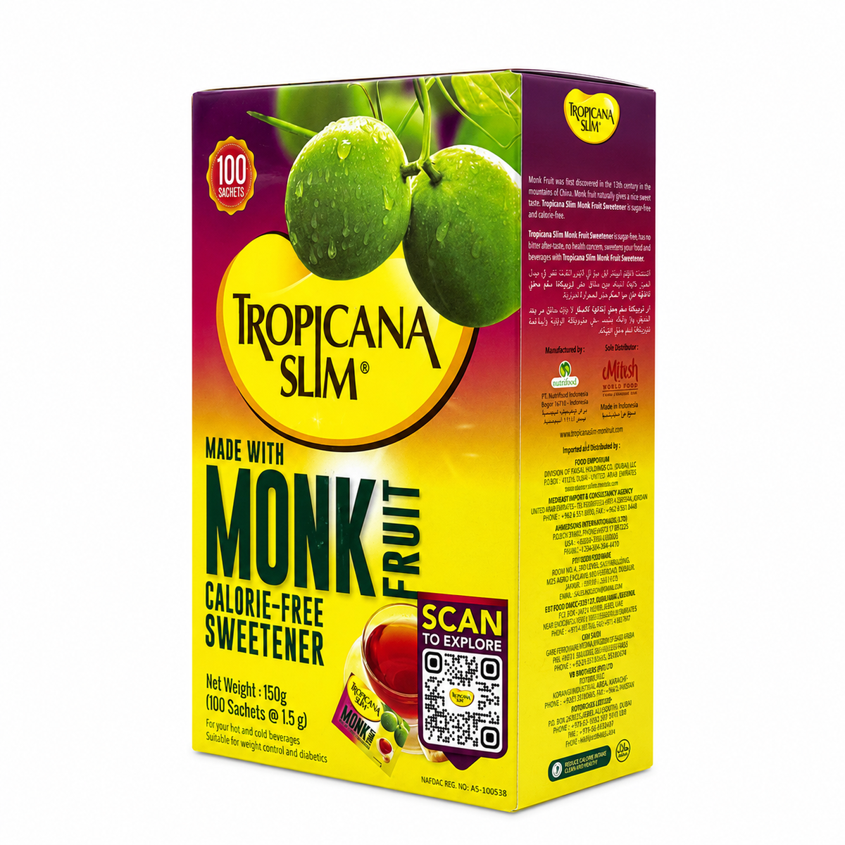 Tropicana Slim Monk Fruit Sweetener with Chromium 100 Sachets- مُحلّي تروبيكانا سليم بفاكهة المونك والكروميوم ١٠٠ كيس