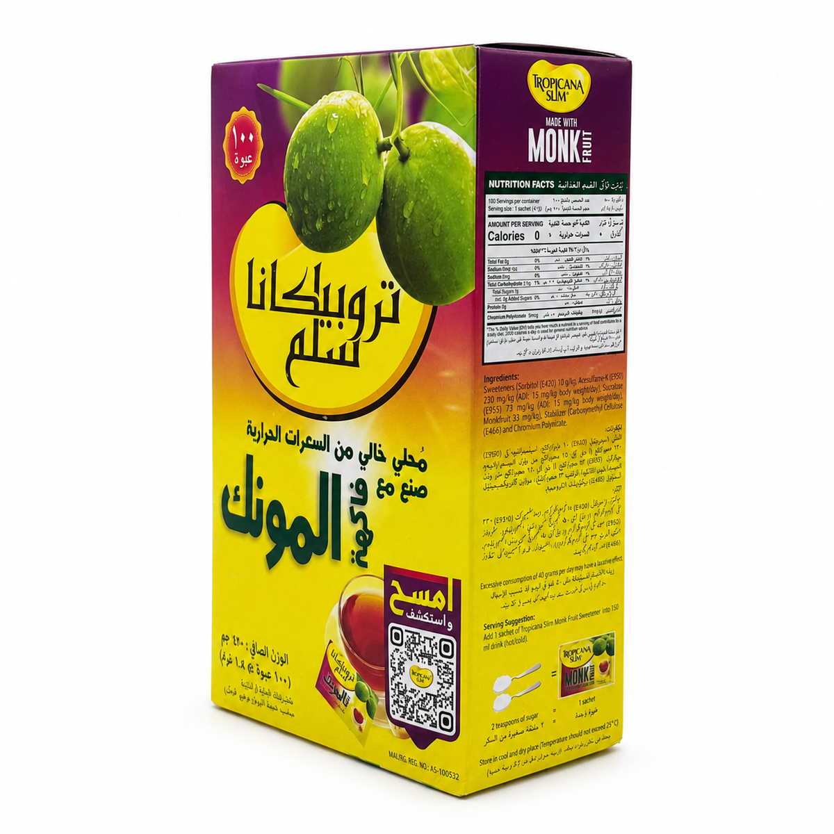 Tropicana Slim Monk Fruit Sweetener with Chromium 100 Sachets- مُحلّي تروبيكانا سليم بفاكهة المونك والكروميوم ١٠٠ كيس