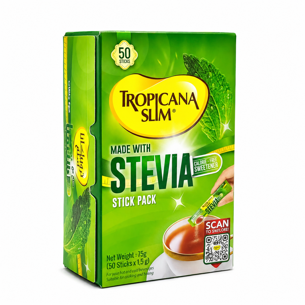 Tropicana Slim Stevia Zero Calorie Sweetener 50 Sticks 75 g -مُحلّي تروبيكانا سليم ستيفيا الخالي من السعرات الحرارية ٥٠ كيس ٧٥ غرام