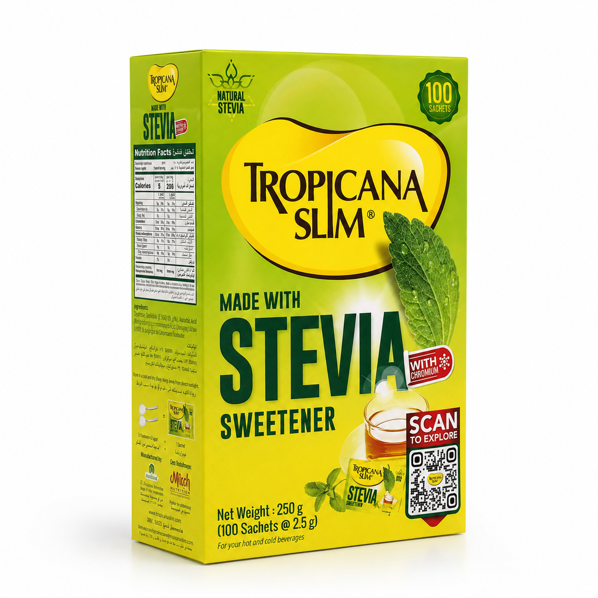 Tropicana Slim Stevia Sweetener With Chromium 100 Sachets 250g - تروبيكانا سليم محلي ستيفيا مع الكروميوم ١٠٠ كيس ٢٥٠ غرام