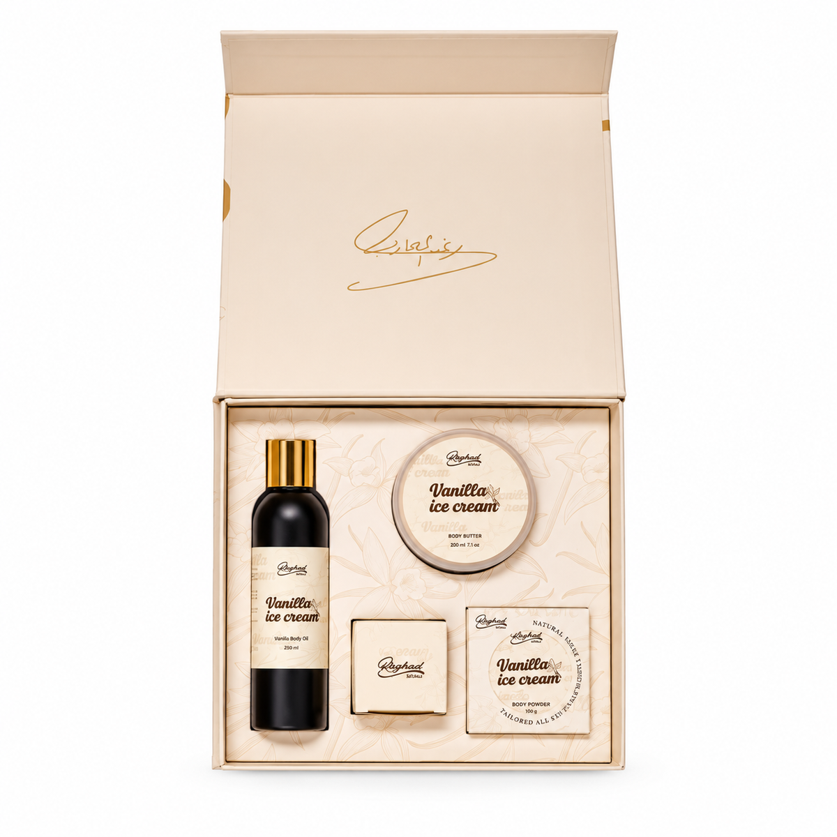 Raghad Organics Vanilla Ice Cream Package Lip Butter 10 g + Body Powder 25 g + Body Oil 150 g + Body Butter 100 g - رغد أورجانيكس مجموعة فانيلا آيس كريم زبدة شفاه ١٠ غرامات وبودرة جسم ٢٥ غرامًا وزيت جسم ١٥٠ غرامًا وزبدة جسم ١٠٠ غرام