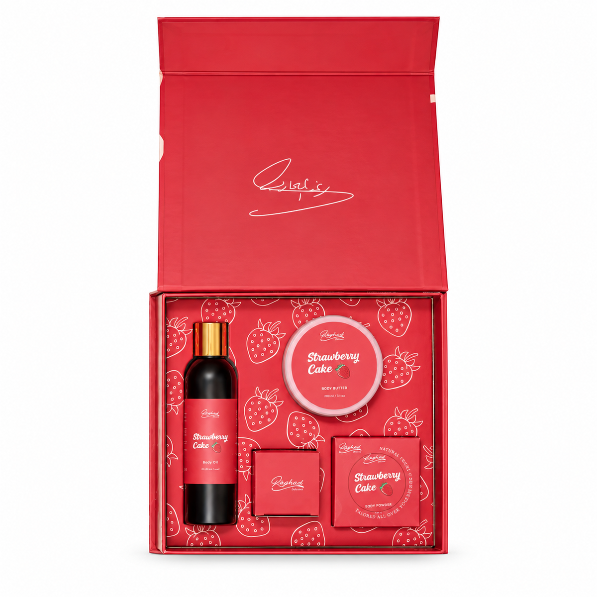 Raghad Organics Strawberry Cake Package Lip Butter 10 g + Body Powder 25 g + Body Oil 150 ml + Body Butter 100 ml - رغد أورجانيكس مجموعة ستروبيري كيك زبدة شفاه ١٠ غرامات وبودرة جسم ٢٥ غرامًا وزيت جسم ١٥٠ مل وزبدة جسم ١٠٠ مل
