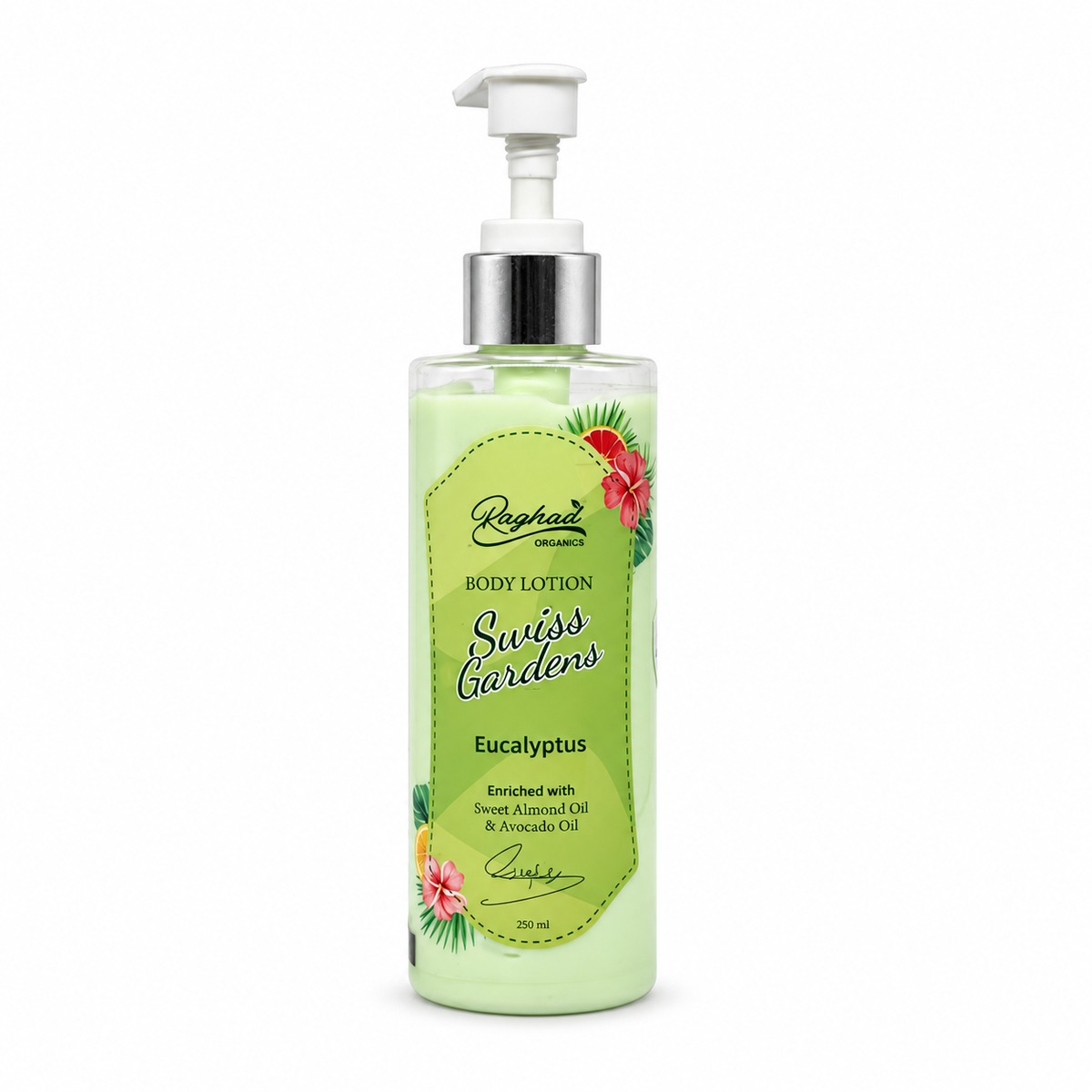 Raghad Organics Swiss Gardens Body Lotion Moisturizing Shea Butter and Sweet Almond Oil 250ml - لوشن جسم رغد اورجانيكس سويس جاردنز بزبدة الشيا وزيت اللوز الحلو 250 مل
