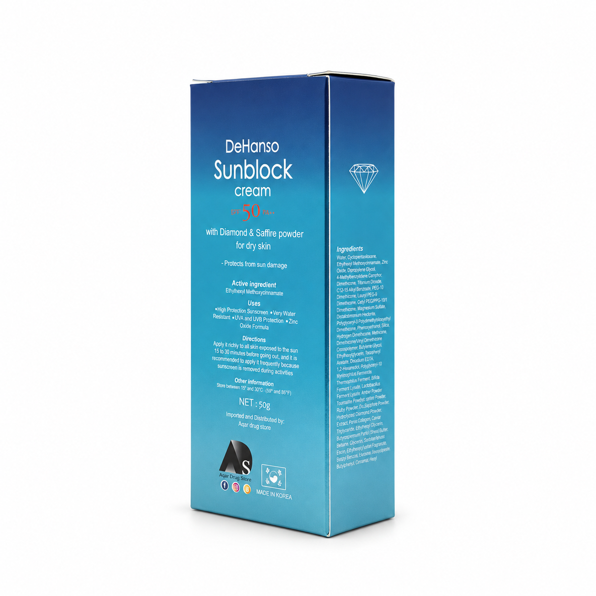 Dehanso Sunblock Cream With Diamond & Saffire Powder For Dry Skin 50 G - كريم ديهانسو الواقي من الشمس مع بودرة الألماس والياقوت للبشرة الجافة 50 جم