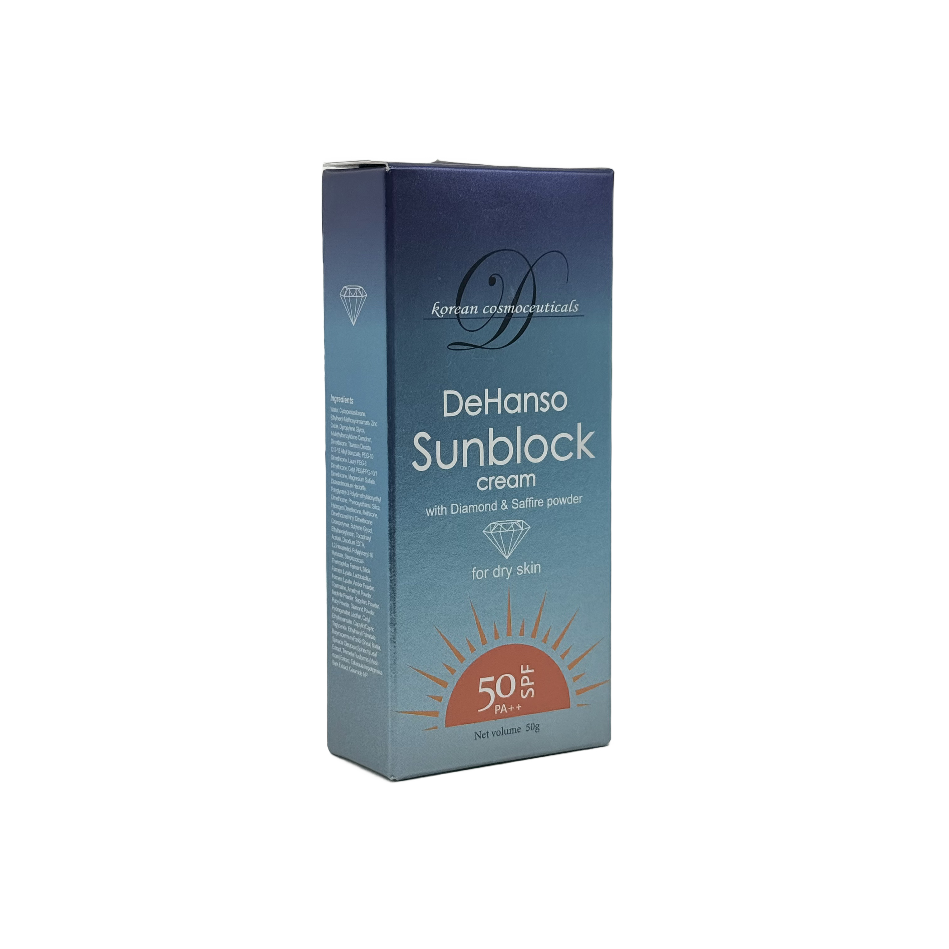Dehanso Sunblock Cream With Diamond & Saffire Powder For Dry Skin 50 G - كريم ديهانسو الواقي من الشمس مع بودرة الألماس والياقوت للبشرة الجافة 50 جم