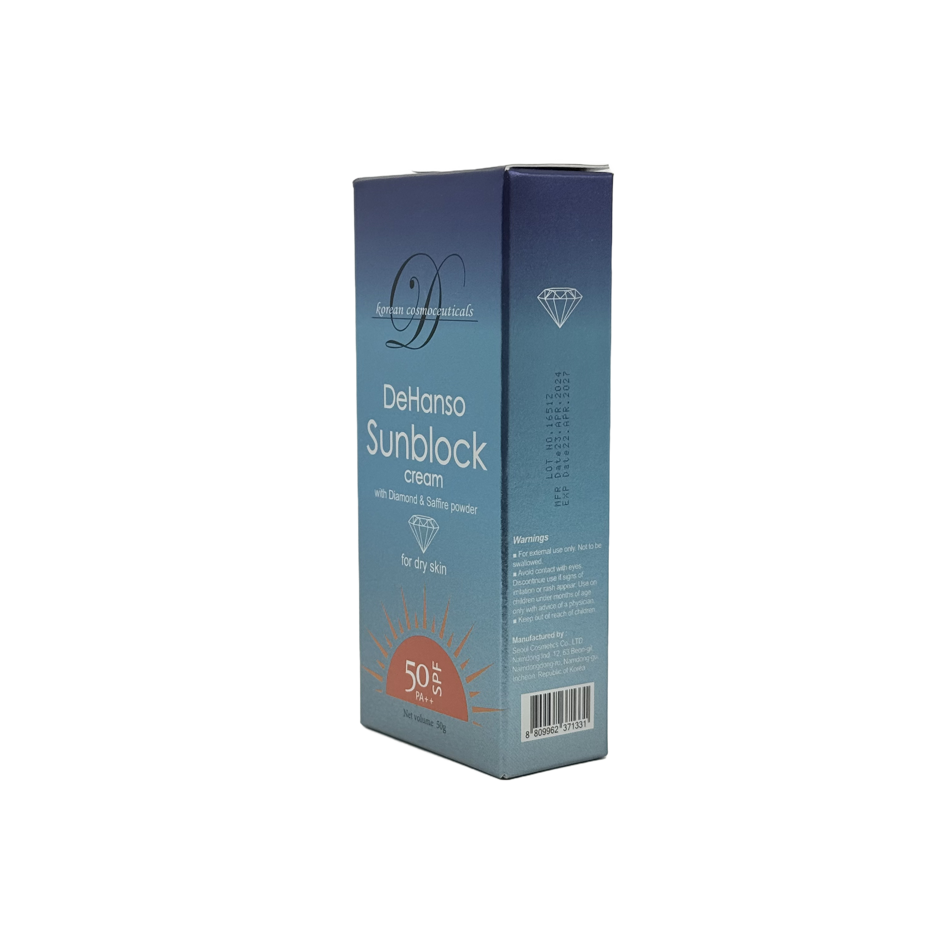 Dehanso Sunblock Cream With Diamond & Saffire Powder For Dry Skin 50 G - كريم ديهانسو الواقي من الشمس مع بودرة الألماس والياقوت للبشرة الجافة 50 جم