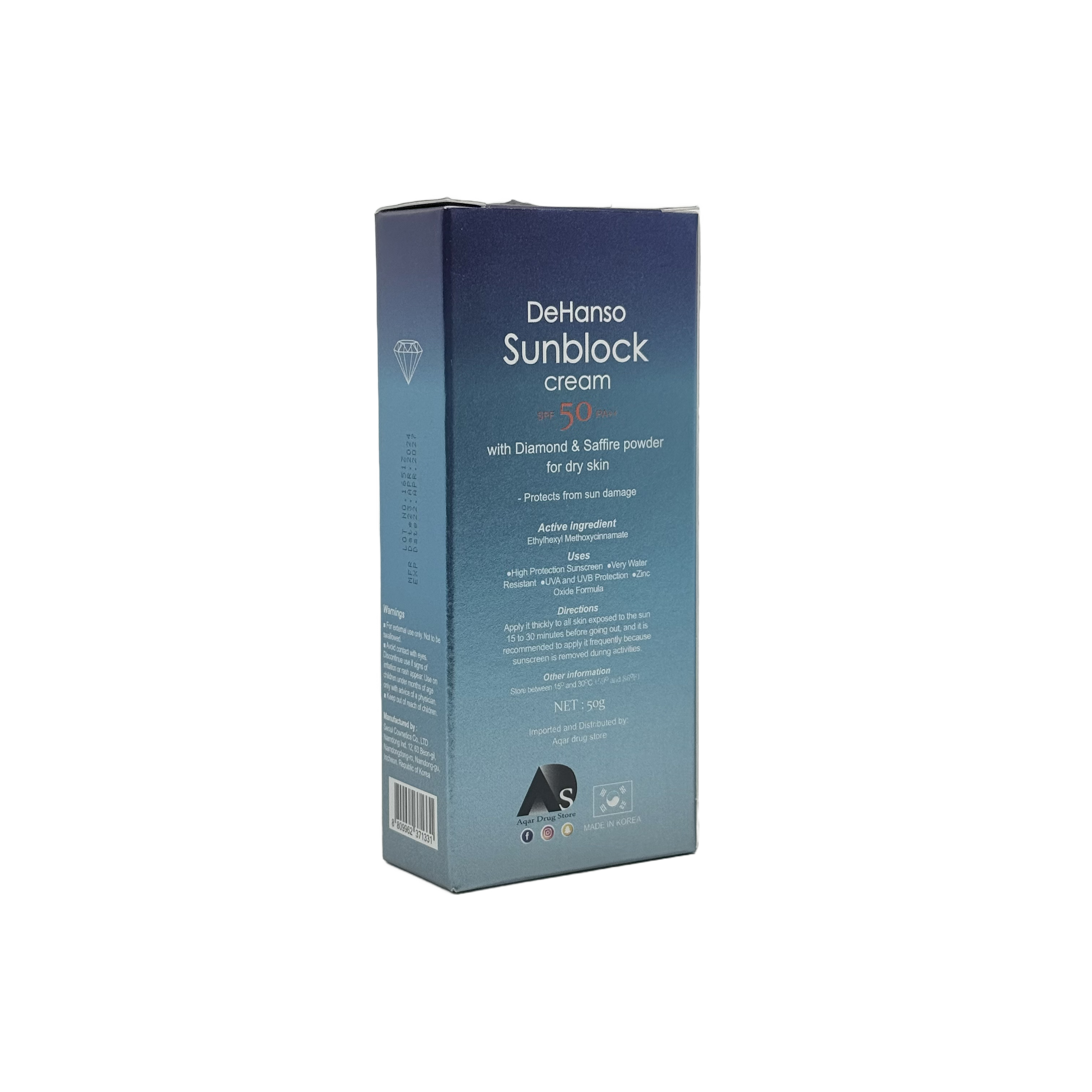 Dehanso Sunblock Cream With Diamond & Saffire Powder For Dry Skin 50 G - كريم ديهانسو الواقي من الشمس مع بودرة الألماس والياقوت للبشرة الجافة 50 جم