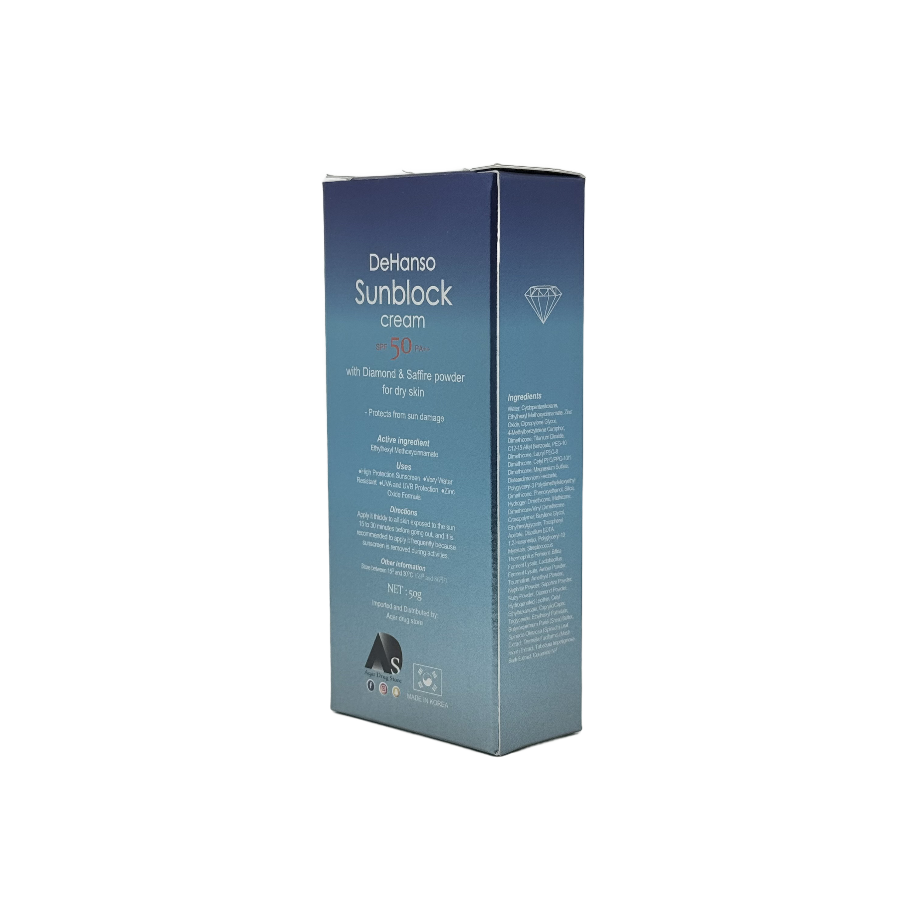 Dehanso Sunblock Cream With Diamond & Saffire Powder For Dry Skin 50 G - كريم ديهانسو الواقي من الشمس مع بودرة الألماس والياقوت للبشرة الجافة 50 جم