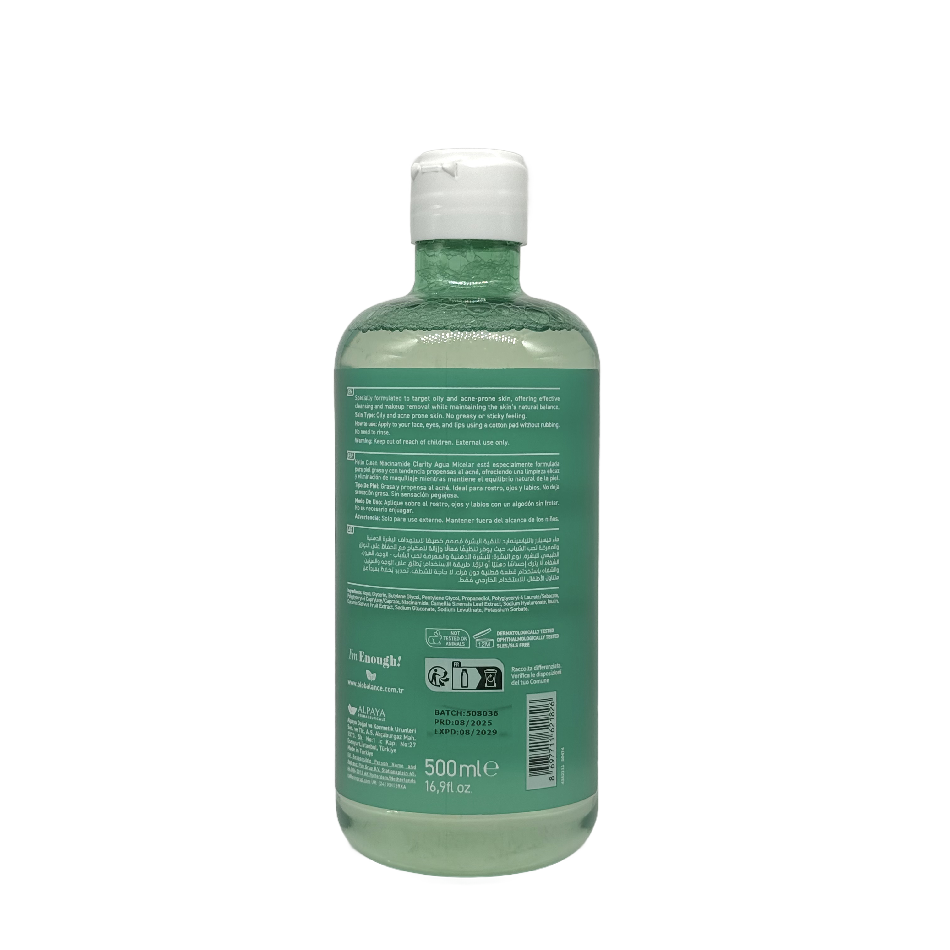 BIOBALANCE Hello Clean Niacinamide Clarity Micellar Water 500 ml - بيوبالانس ماء ميسيلار نياسيناميد كلاريتي 500 مل