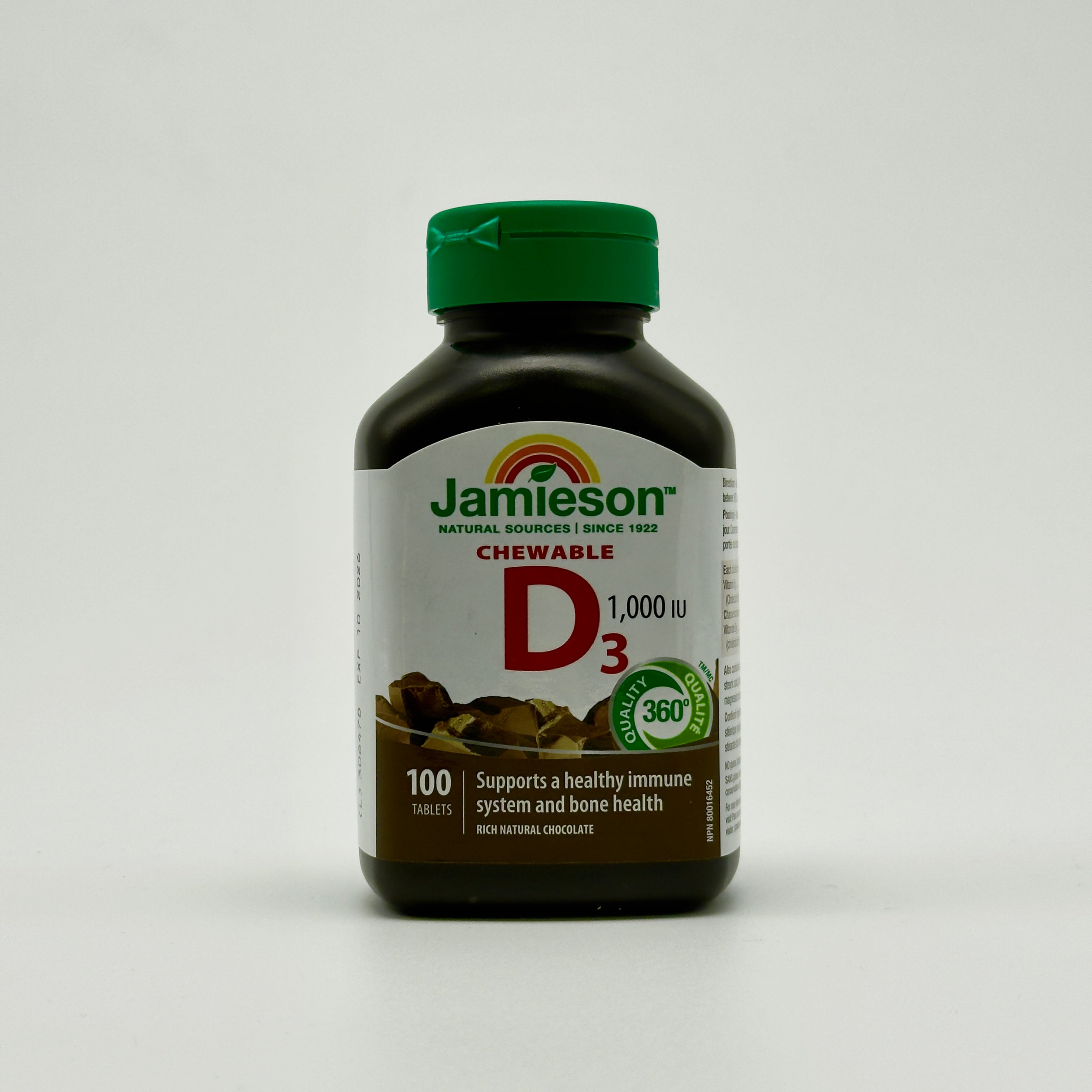 Jamieson Vitamin D3 1,000 IU Chewable – Dark Chocolate Flavour جاميسون فيتامين د3 1000 وحدة دولية قابل للمضغ – نكهة الشوكولاتة الداكنة