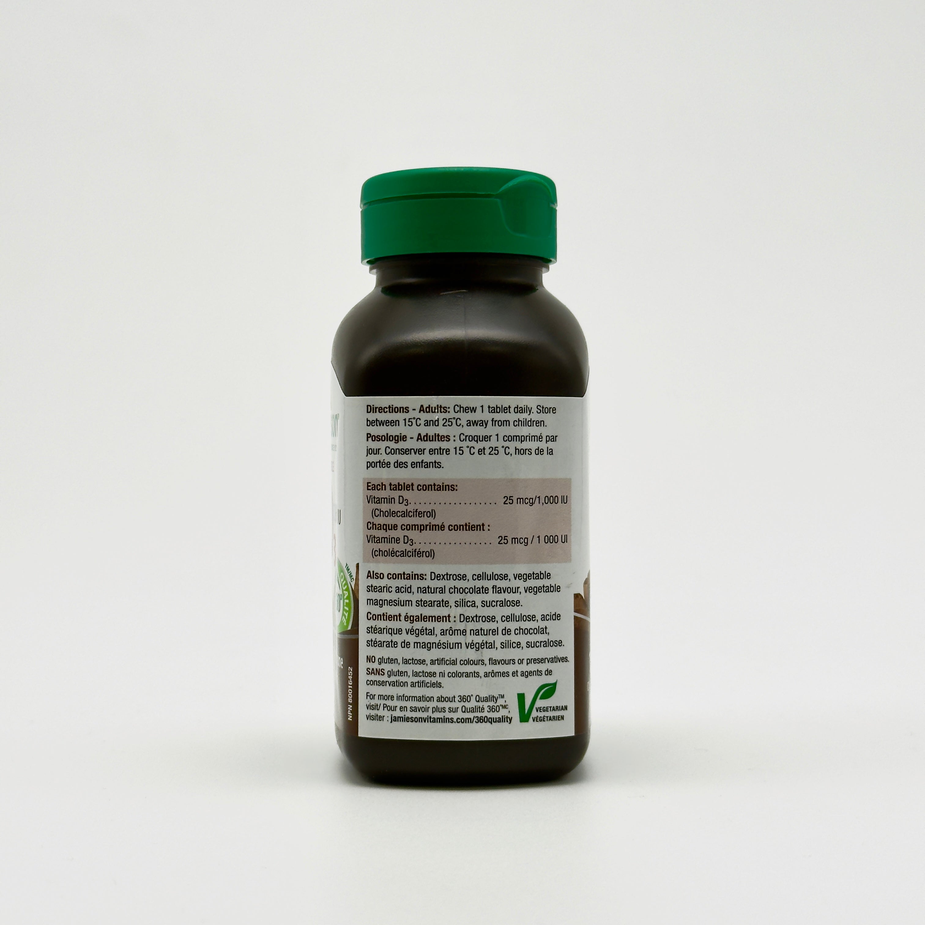 Jamieson Vitamin D3 1,000 IU Chewable – Dark Chocolate Flavour جاميسون فيتامين د3 1000 وحدة دولية قابل للمضغ – نكهة الشوكولاتة الداكنة