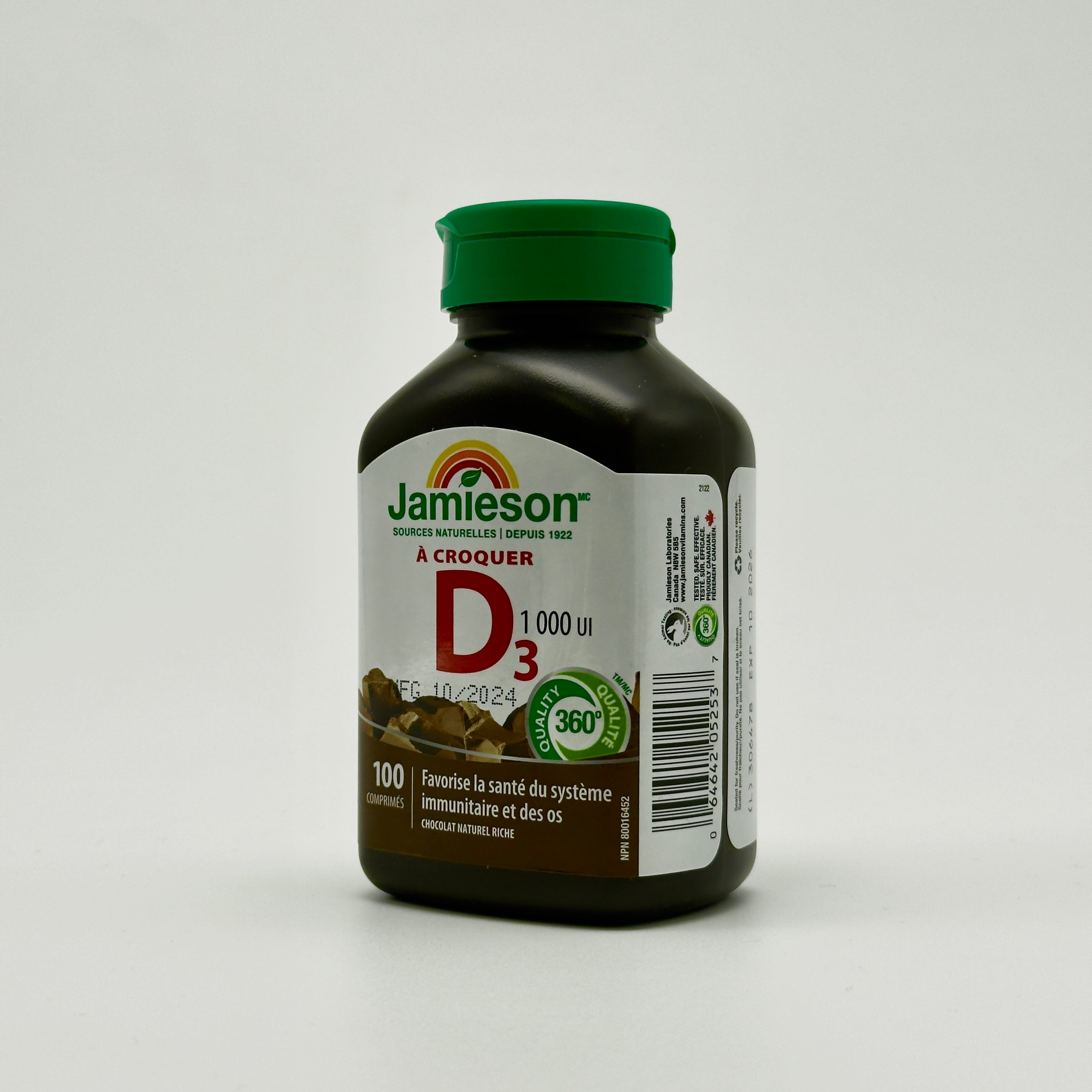 Jamieson Vitamin D3 1,000 IU Chewable – Dark Chocolate Flavour جاميسون فيتامين د3 1000 وحدة دولية قابل للمضغ – نكهة الشوكولاتة الداكنة