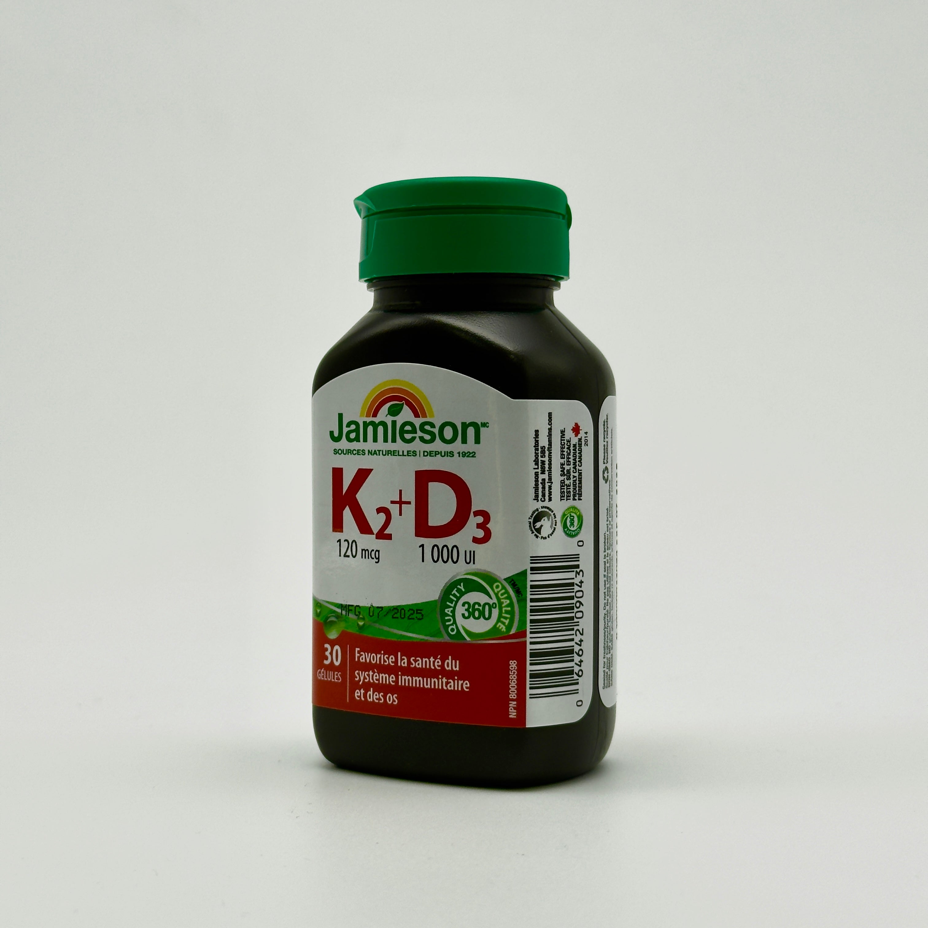 Jamieson Vitamin K2 120 mcg & D3 1000 IU – 2-in-1 Support جاميسون فيتامين ك2 120 مكغ و د3 1000 وحدة دولية – دعم المناعة والعظام 2 في  -  1