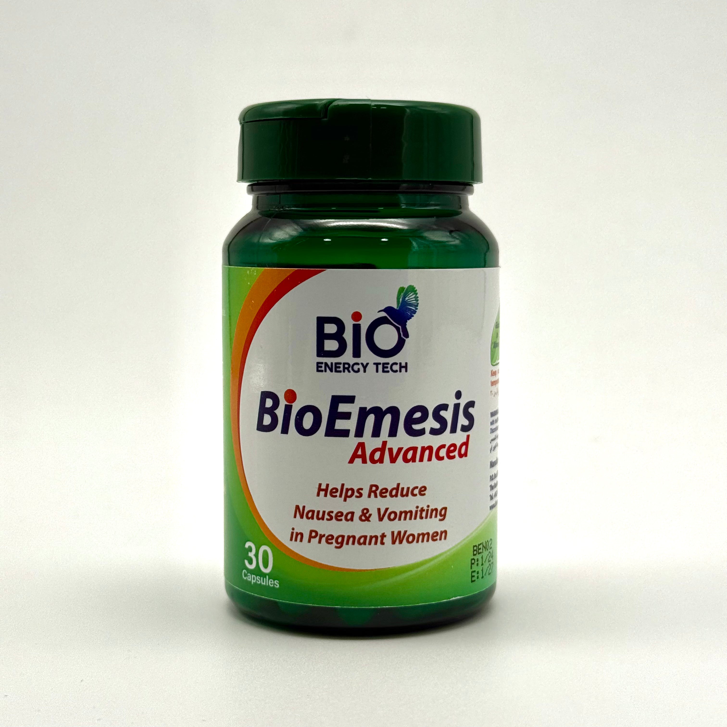 BioEnergyTech Bio Emesis Advanced | Ginger Extract & Vitamin B6 | Morning Sickness Relief – 30 Capsules بايو إنيرجي تك إيميسيس أدفانسد | زنجبيل + فيتامين B6 | تخفيف غثيان الحمل – 30 كبسولة