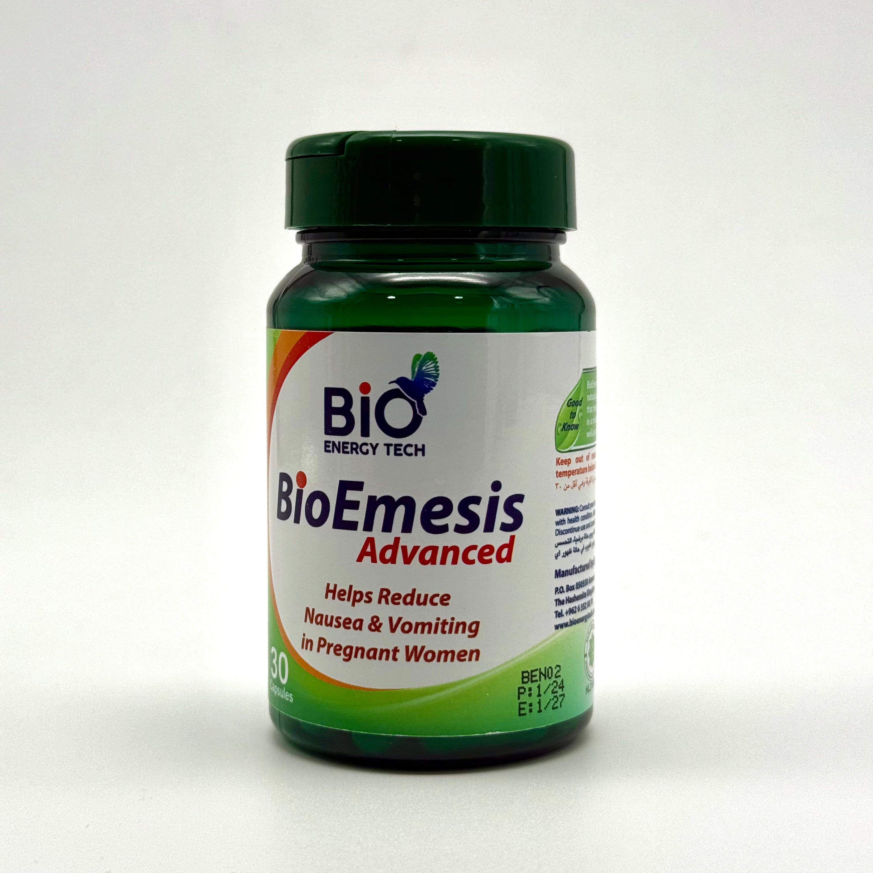 BioEnergyTech Bio Emesis Advanced | Ginger Extract & Vitamin B6 | Morning Sickness Relief – 30 Capsules بايو إنيرجي تك إيميسيس أدفانسد | زنجبيل + فيتامين B6 | تخفيف غثيان الحمل – 30 كبسولة