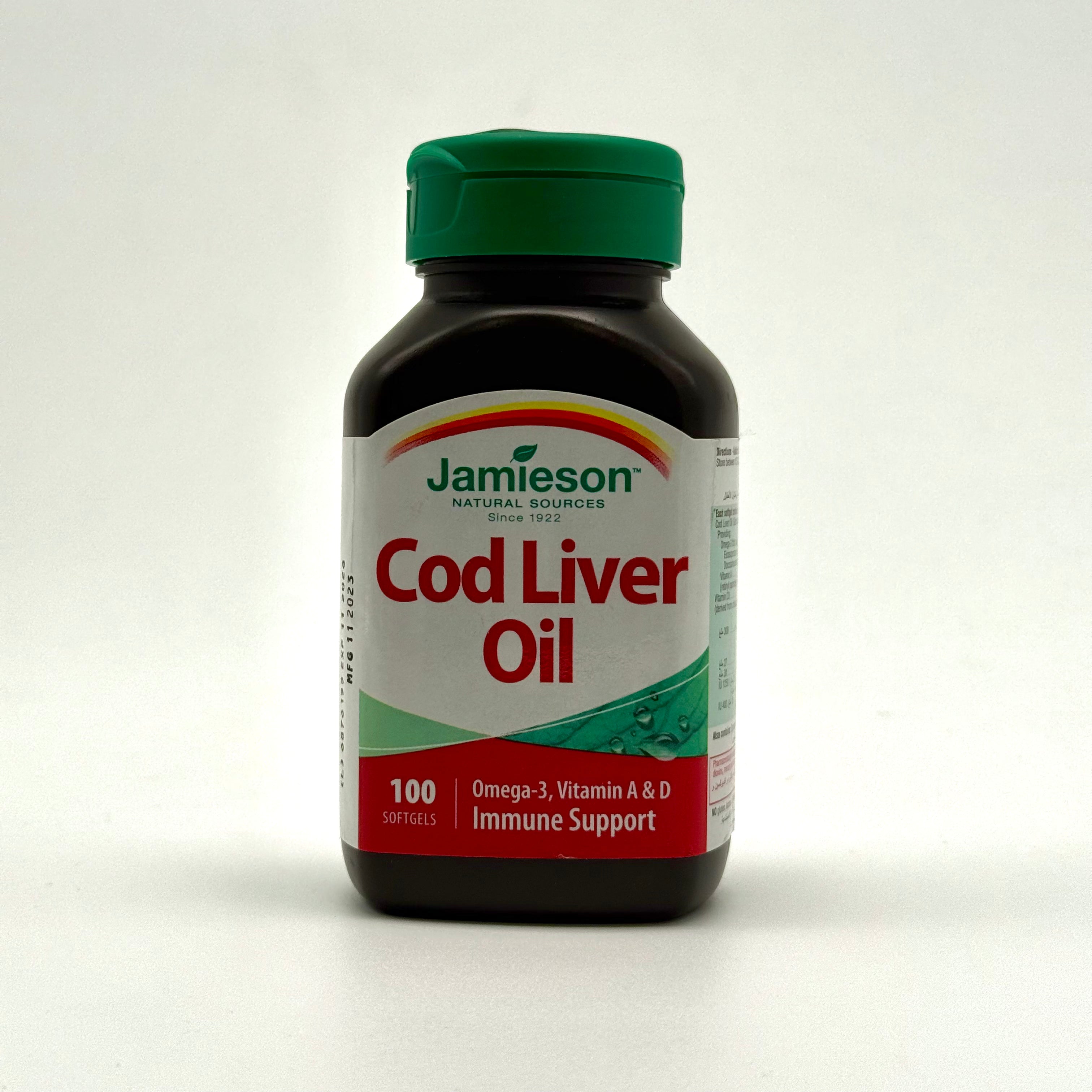 Jamieson Cod Liver Oil | Vitamin A & D3 | Omega-3 Support – 100 Softgels جاميسون كبد الحوت | فيتامين أ ودي3 | أوميغا 3 – 100 كبسولة جيلاتينية
