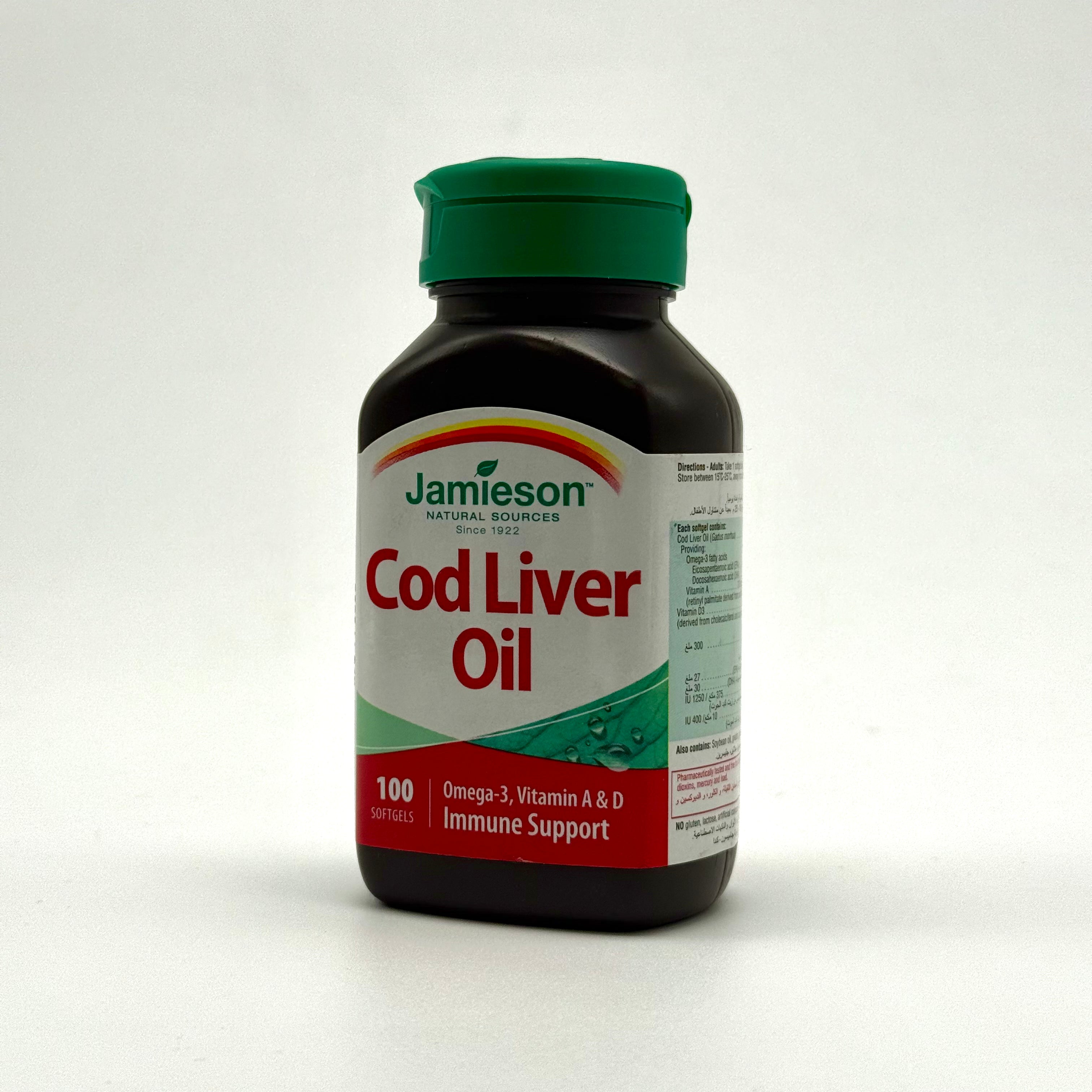 Jamieson Cod Liver Oil | Vitamin A & D3 | Omega-3 Support – 100 Softgels جاميسون كبد الحوت | فيتامين أ ودي3 | أوميغا 3 – 100 كبسولة جيلاتينية