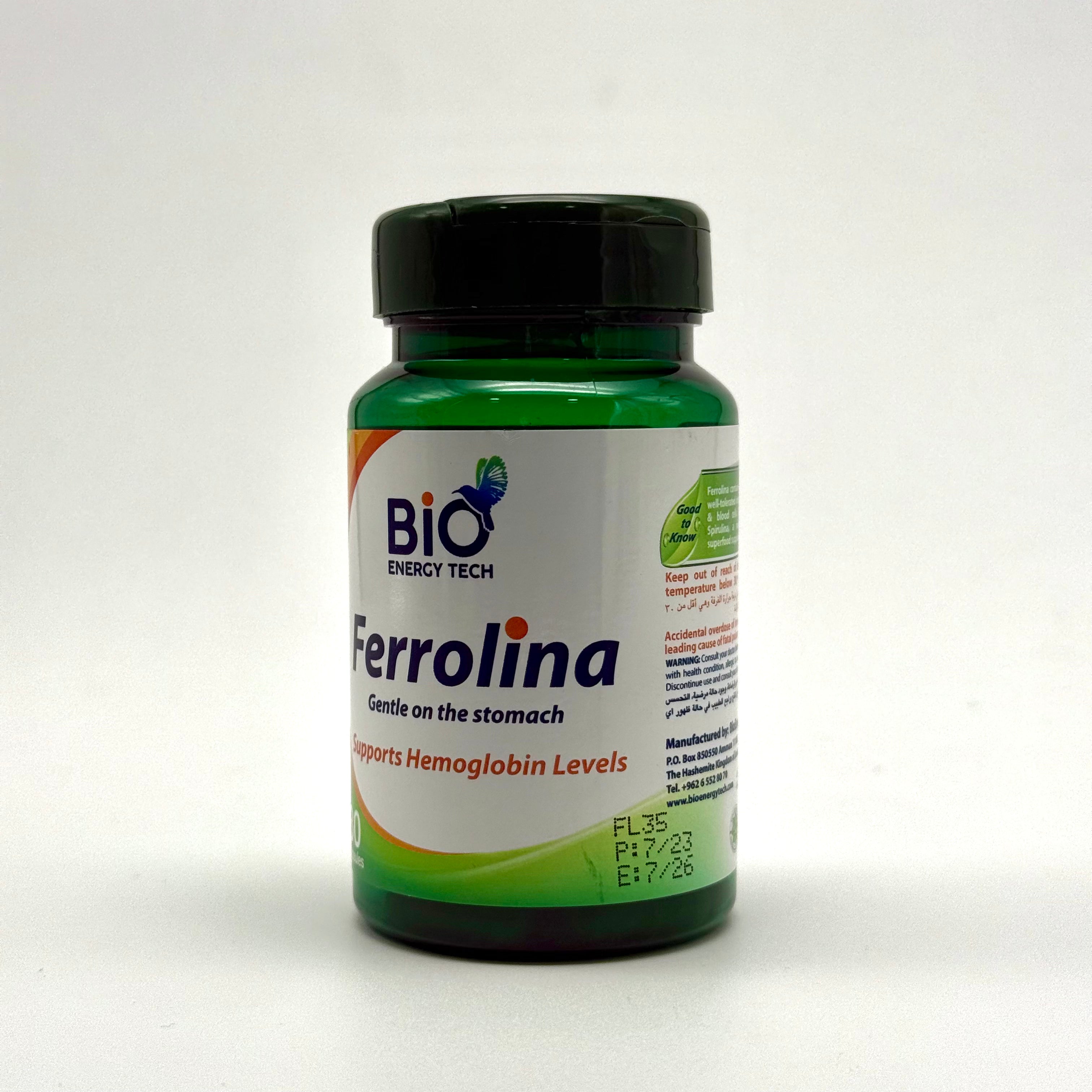 Ferrolina Iron with Spirulina | 27 mg Ferrous Bisglycinate + 340 mg Spirulina | Gentle on Stomach | 30 Capsules فيرولينا آيرون مع سبيرولينا | 27 ملغ حديد مخلّب + 340 ملغ سبيرولينا | لطيف على المعدة – 30 كبسولة
