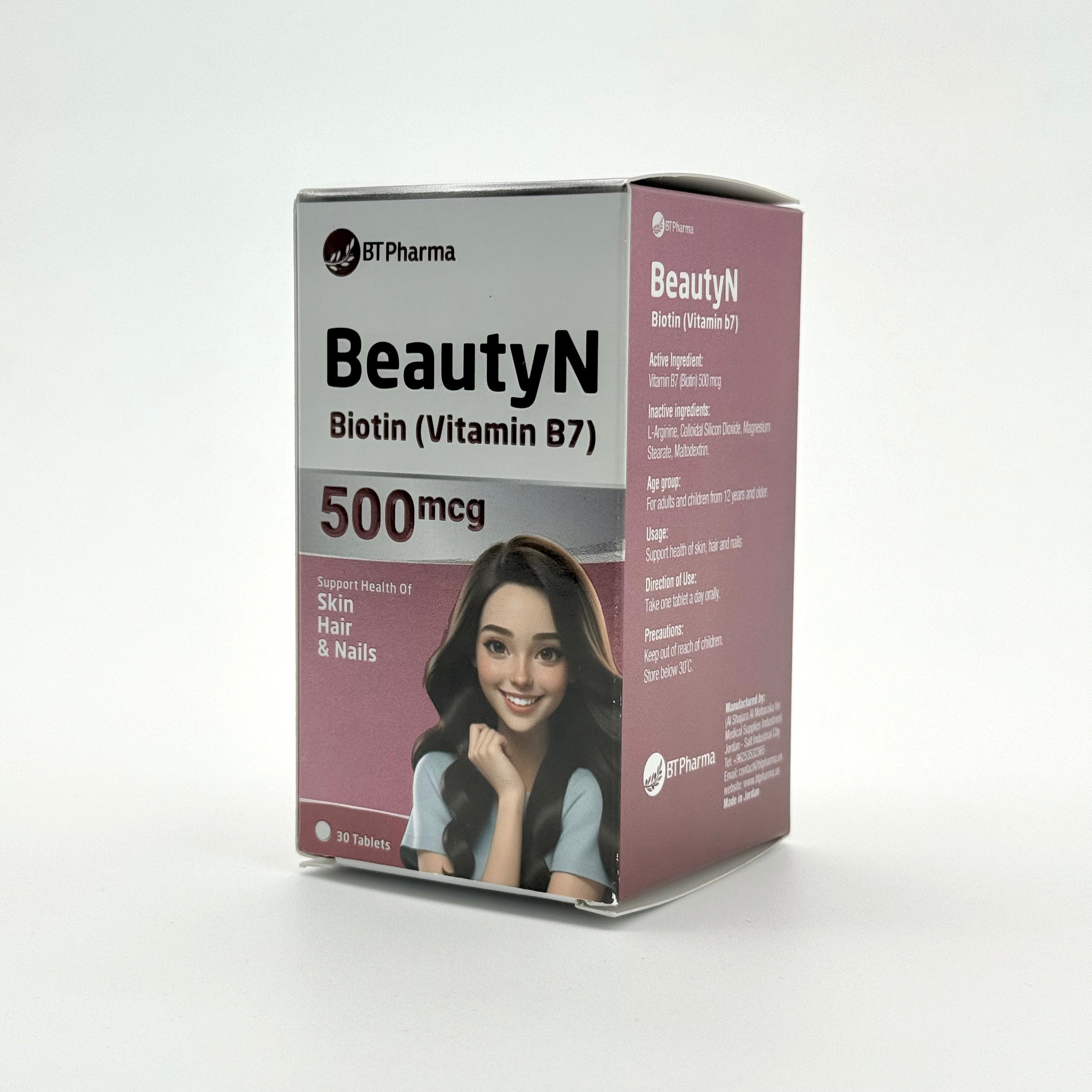 Bt Pharma BeautyN Biotin 500Mcg 30 Tablets بيوتين 500 مكغ من Bt Pharma – 30 قرص