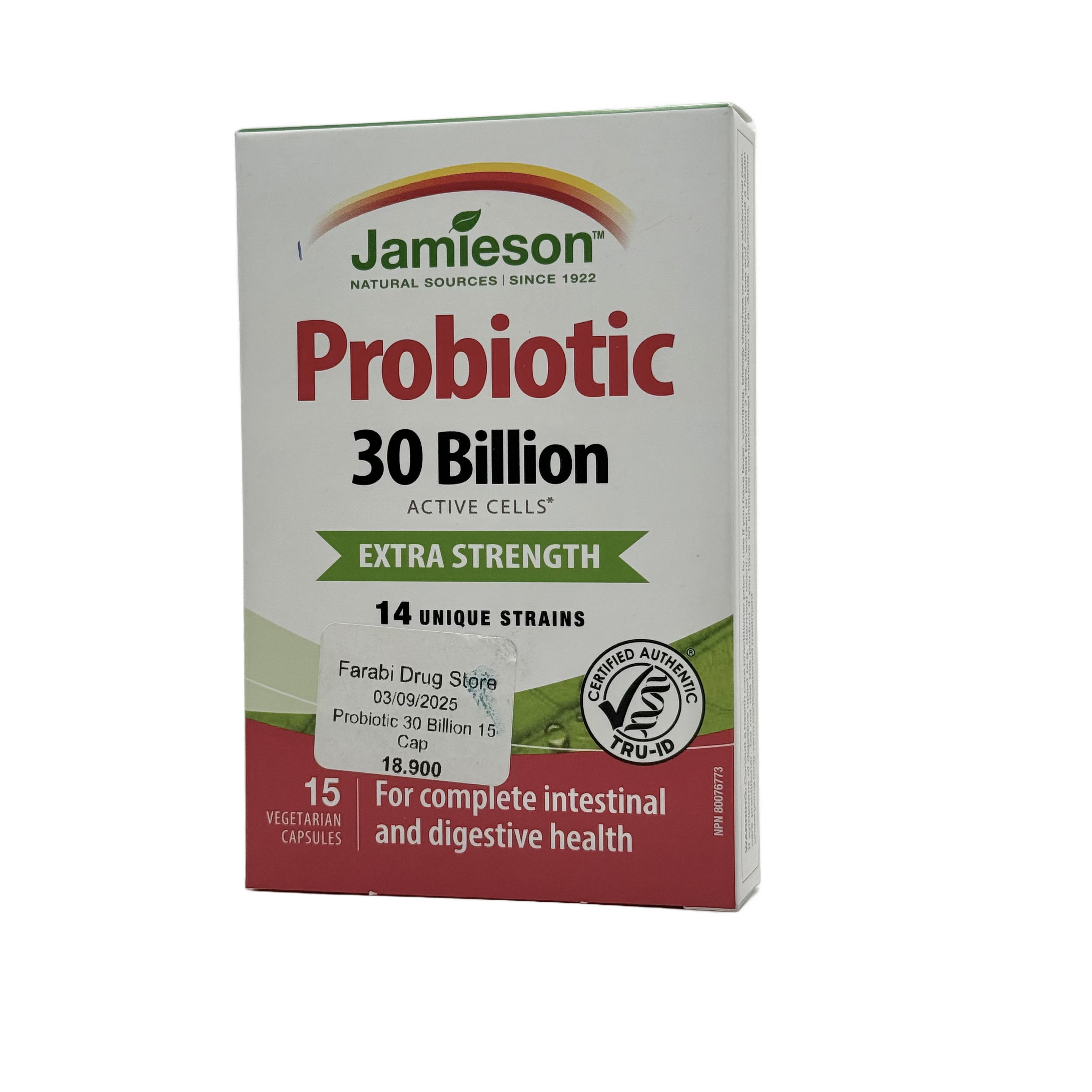 Jamieson Probiotics Extra Strength 30 Billion – 15 Capsules  - جاميسون بروبيوتيكس قوة إضافية 30 مليار – 15 كبسولة