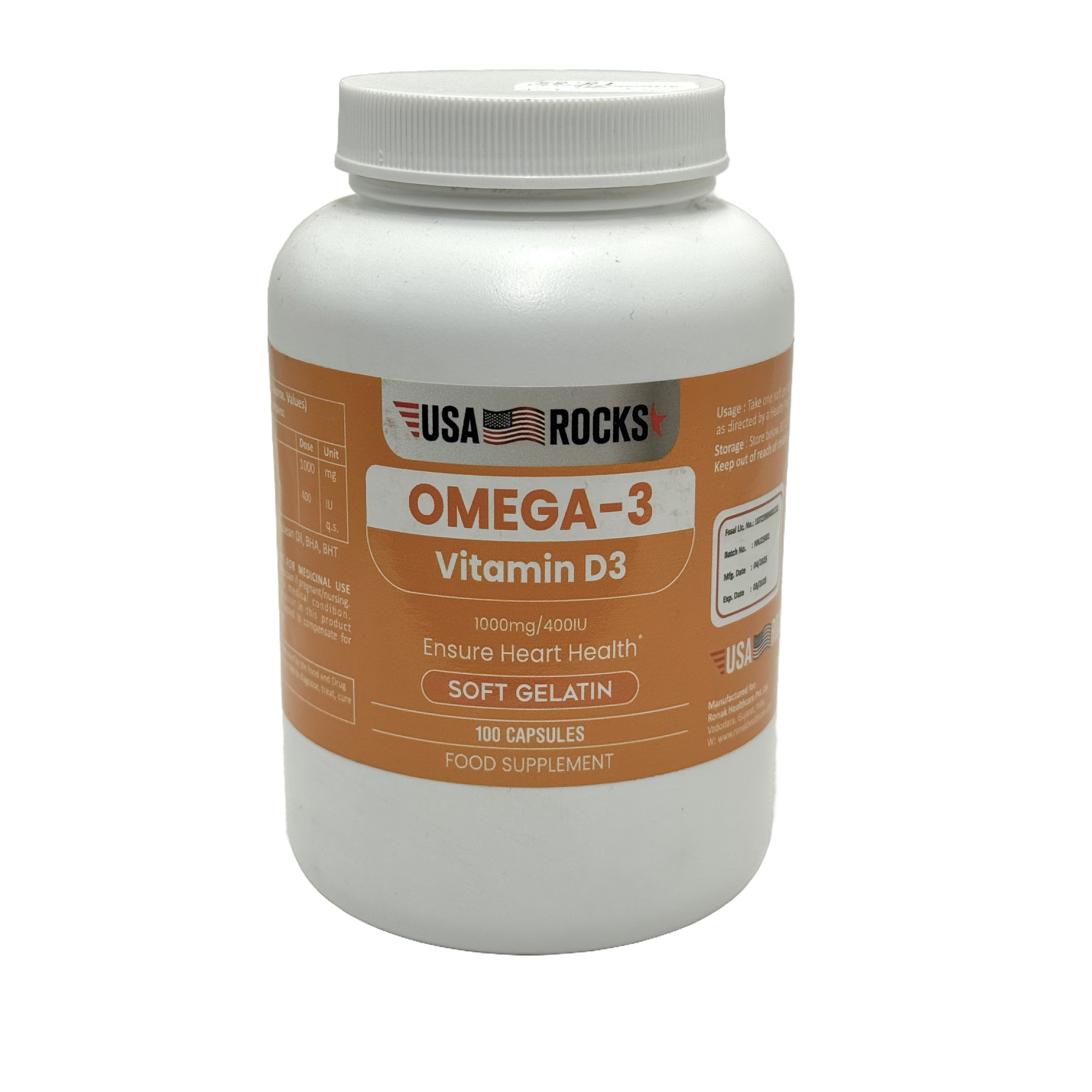 Usa Rocks Omega-3 Vitamin D3 1000mg/400 IU 100 Capsules - يو إس إيه روكس أوميغا-3 فيتامين د3 1000 ملغ/400 وحدة دولية 100 كبسولة