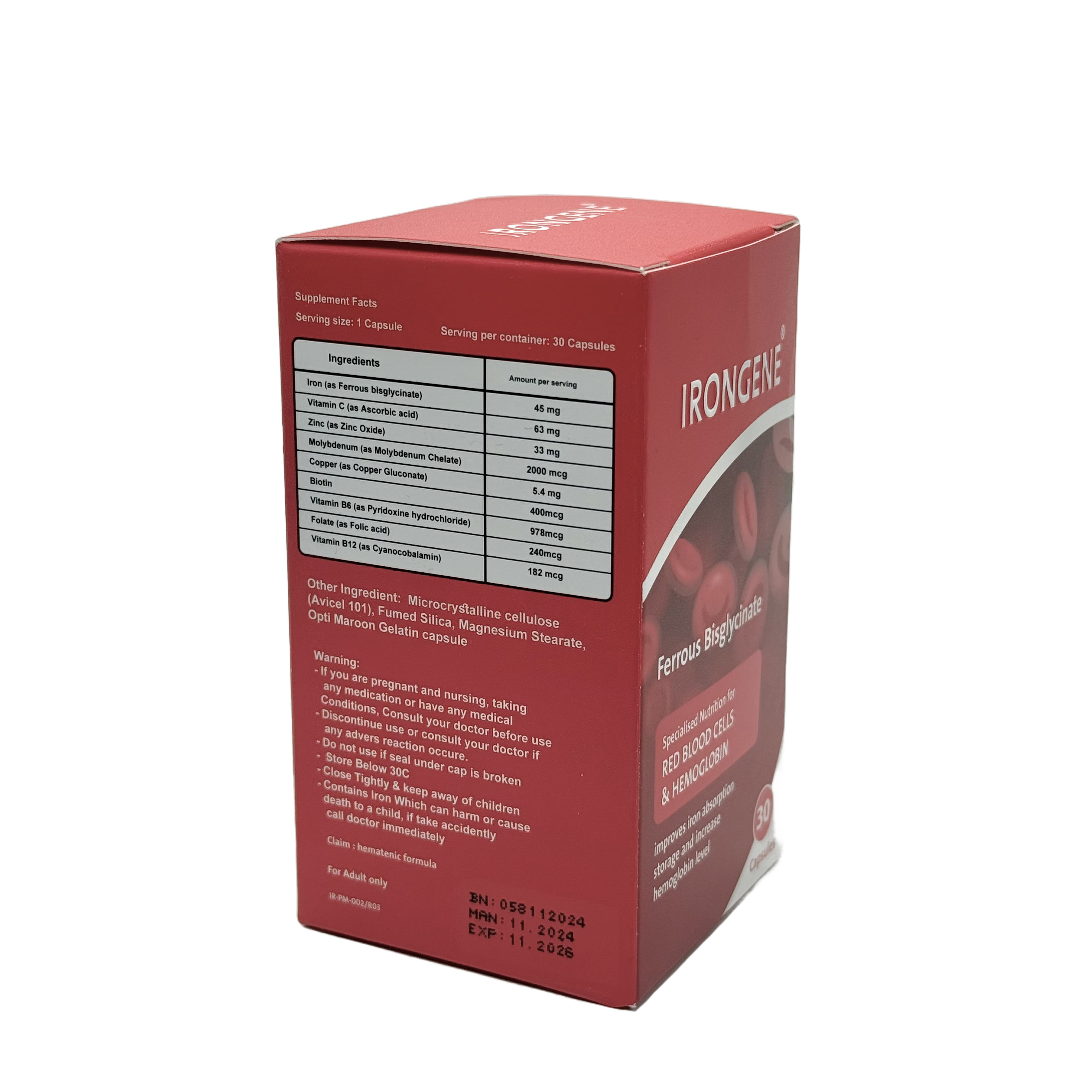 Irongene Ferrous Bisglycinate 30 Capsules - ايرونجين فيروس بيسجليسينات 30 كبسولة
