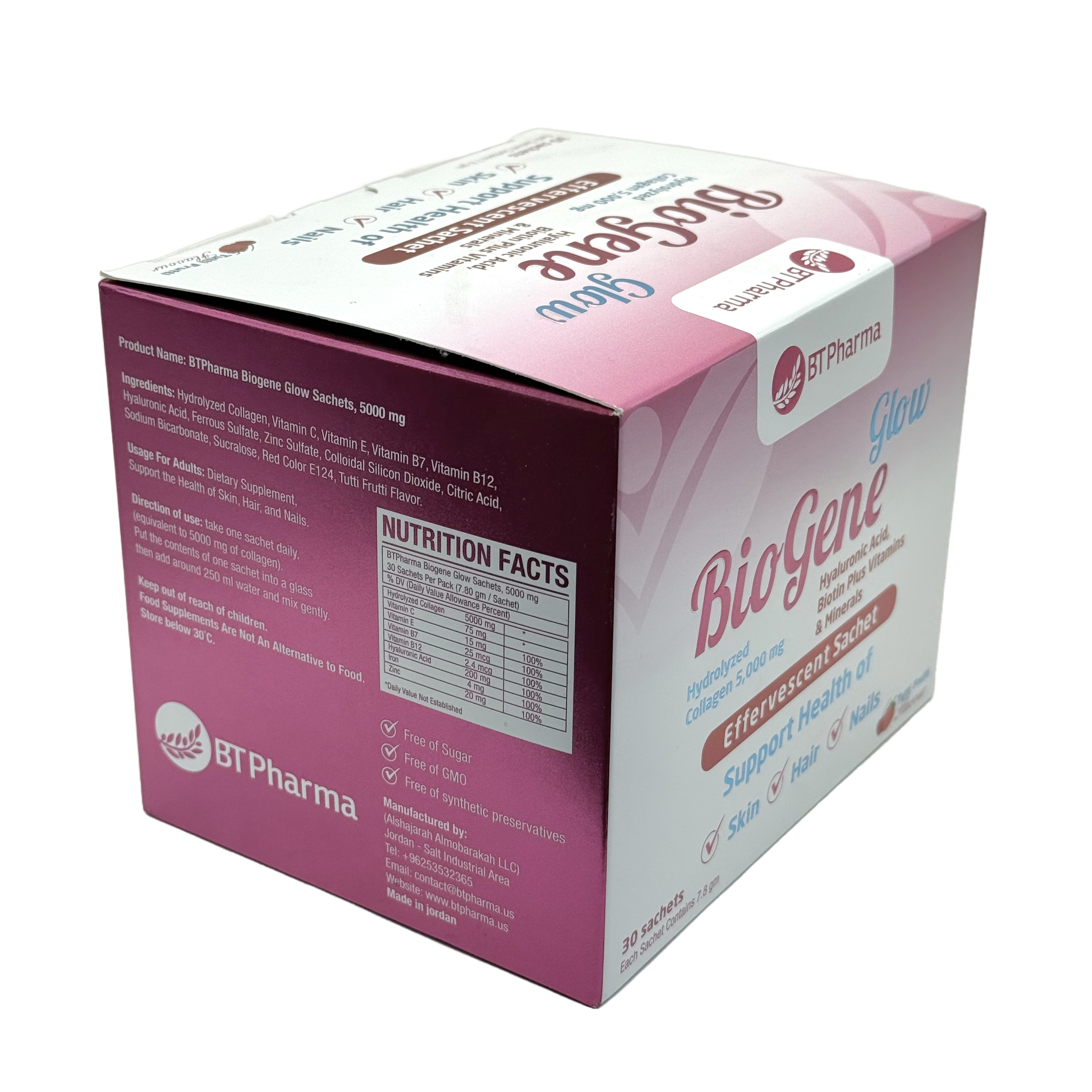Bt Pharma Biogene Glow Collagen 5000mg 30 Effervescent Sachets - بيوجين غلو كولاجين 5000 ملغ 30 كيس فوار