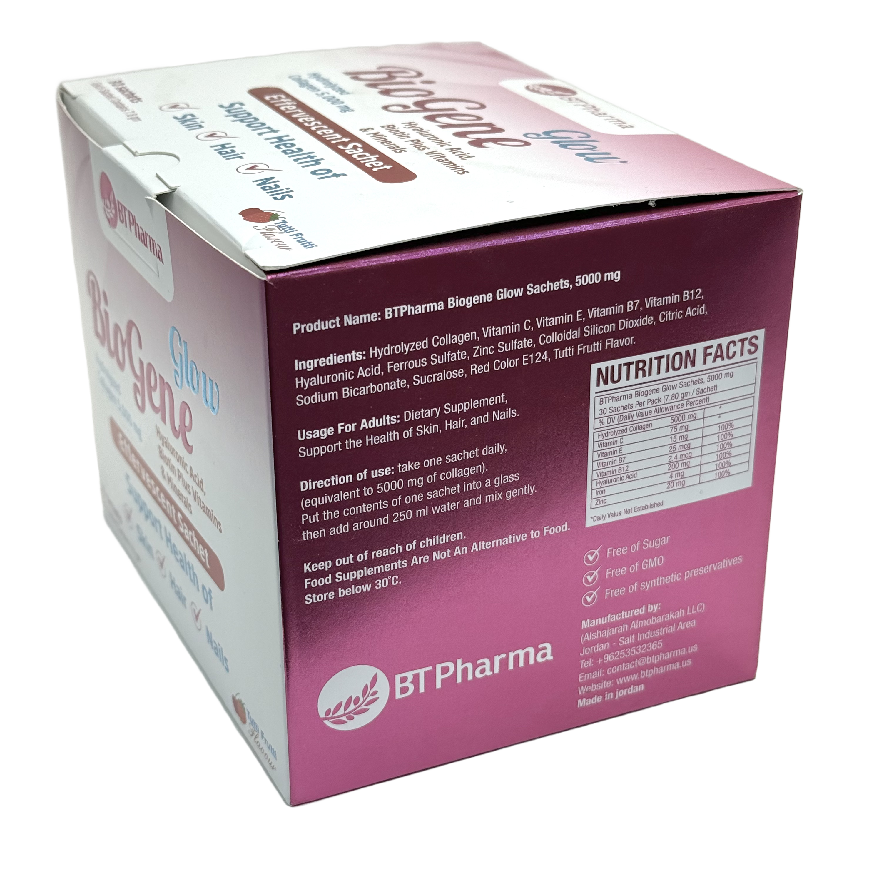 Bt Pharma Biogene Glow Collagen 5000mg 30 Effervescent Sachets - بيوجين غلو كولاجين 5000 ملغ 30 كيس فوار