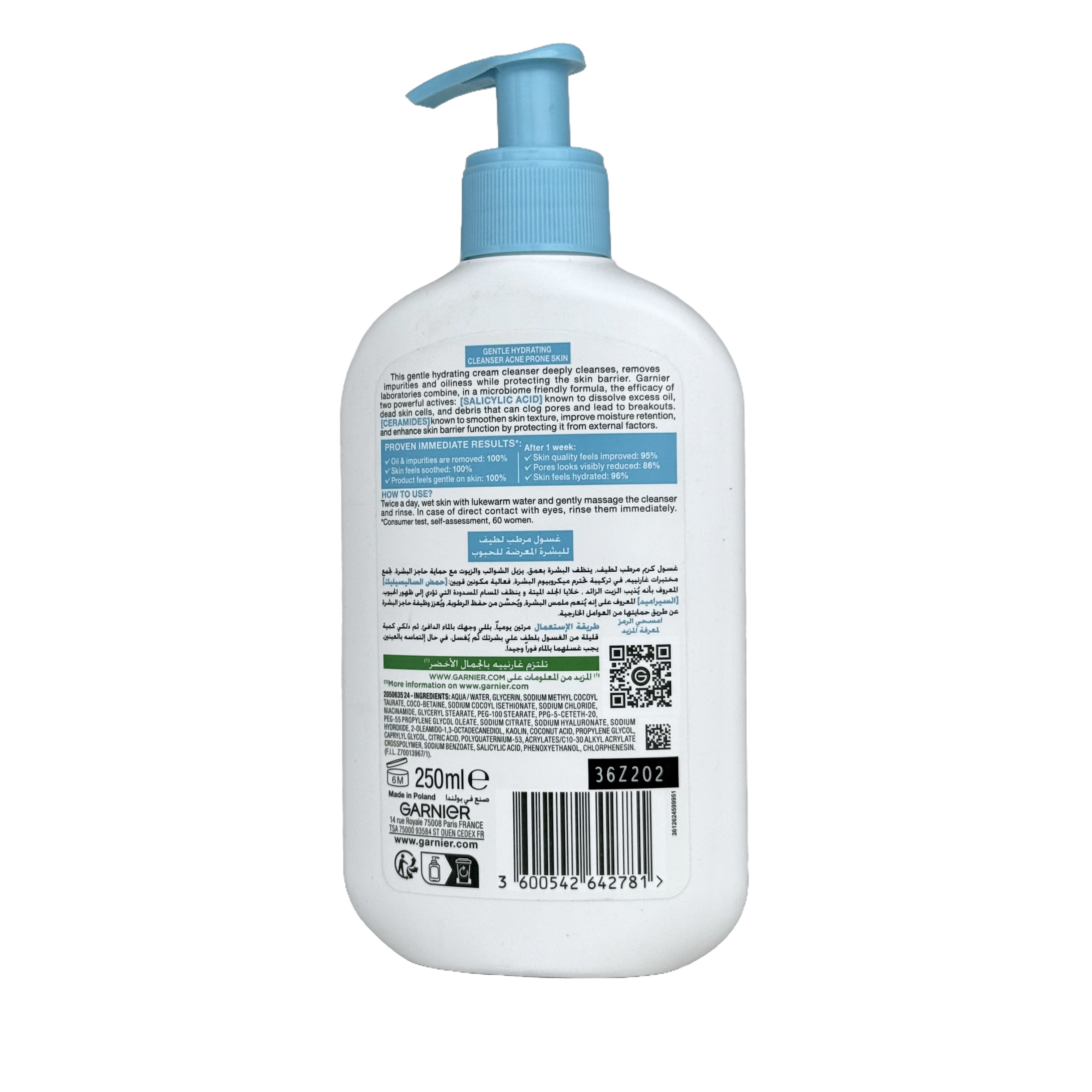 Garnier Fast Clear Gentle Cleanser Hydrating Face Wash for Acne Prone Skin 250ml - غسول غارنييه فاست كلير اللطيف المرطب للبشرة المعرضة لحب الشباب 250 مل